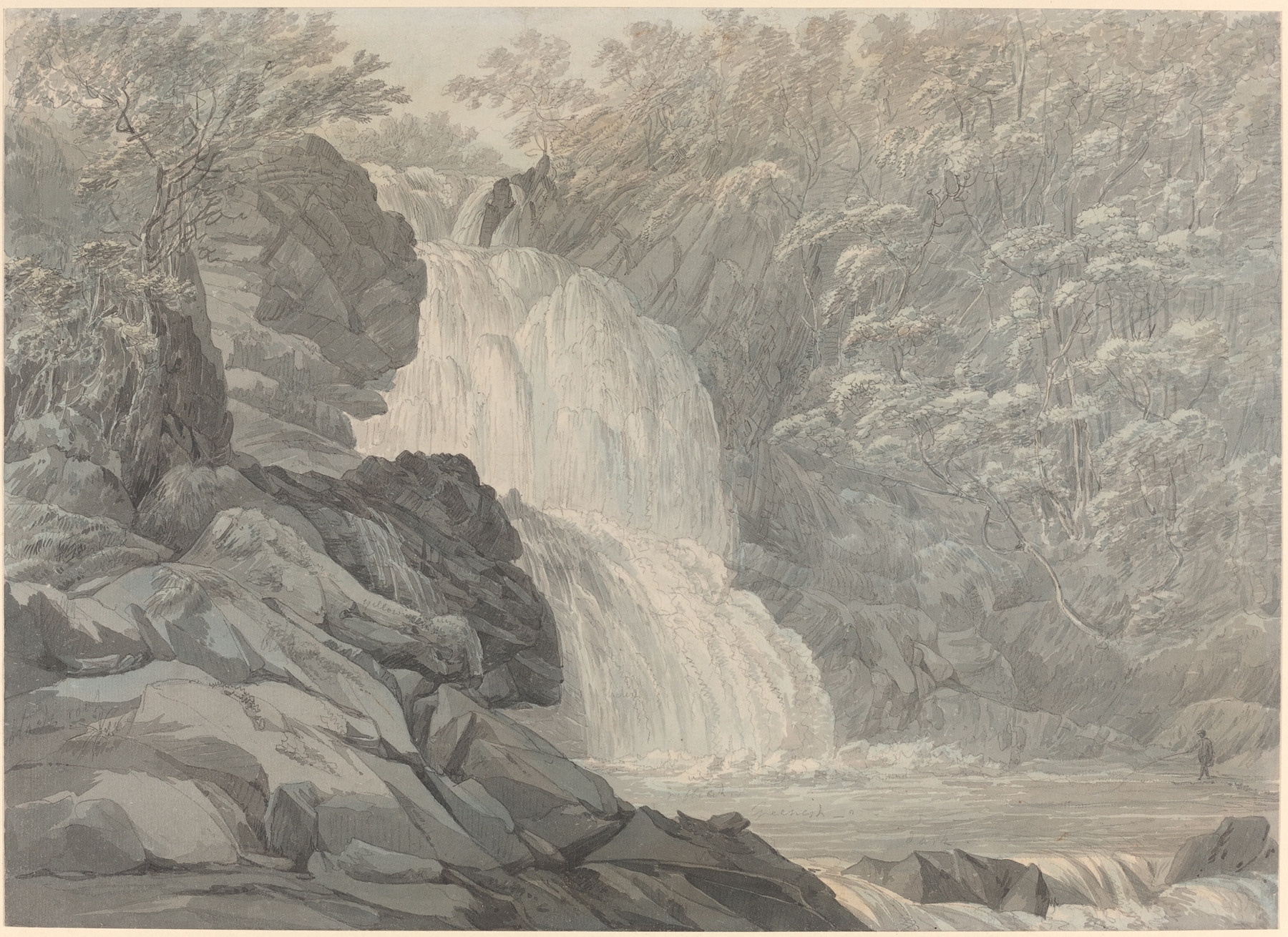 Mawddach Falls near Dolgelly, oil on canvas by John Webber, featuring a serene landscape with a waterfall.