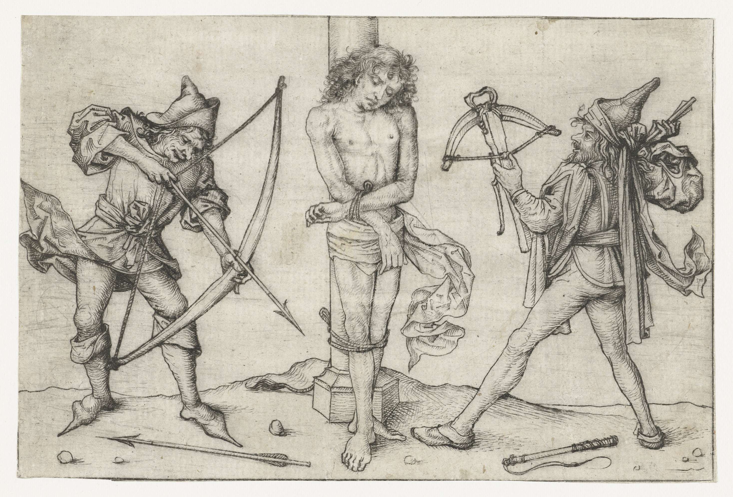 Heilige Sebastiaan met boogschutters, drypoint by Meester van het Amsterdamse Kabinet, depicting Saint Sebastian with archers.