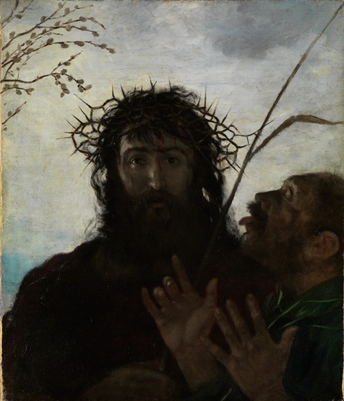This painting depicts the mocking of Jesus with vivid colors and expressive figures.