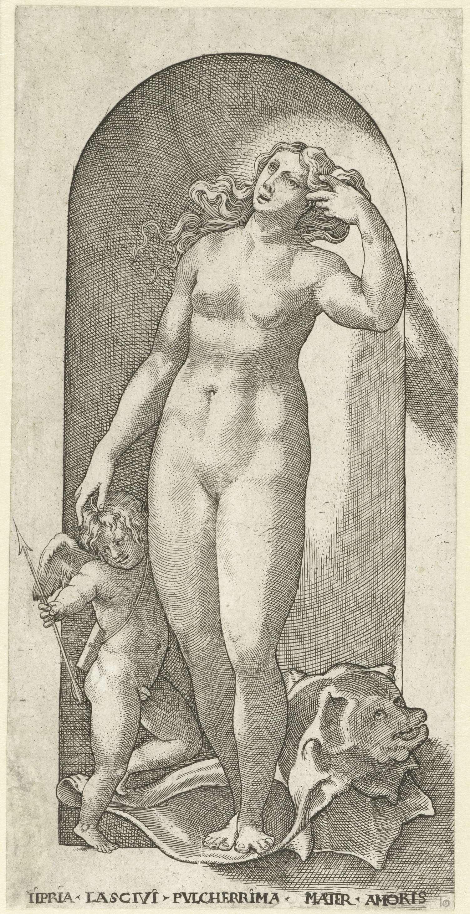 Engraving by Jacob Binck of Venus embracing her beloved with a shell
