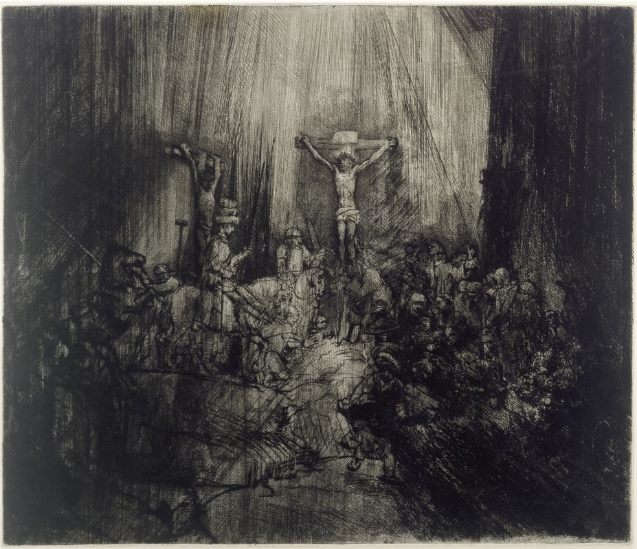 Rembrandt's 'Christ crucified between the two thieves' depicts a dramatic scene of the crucifixion.