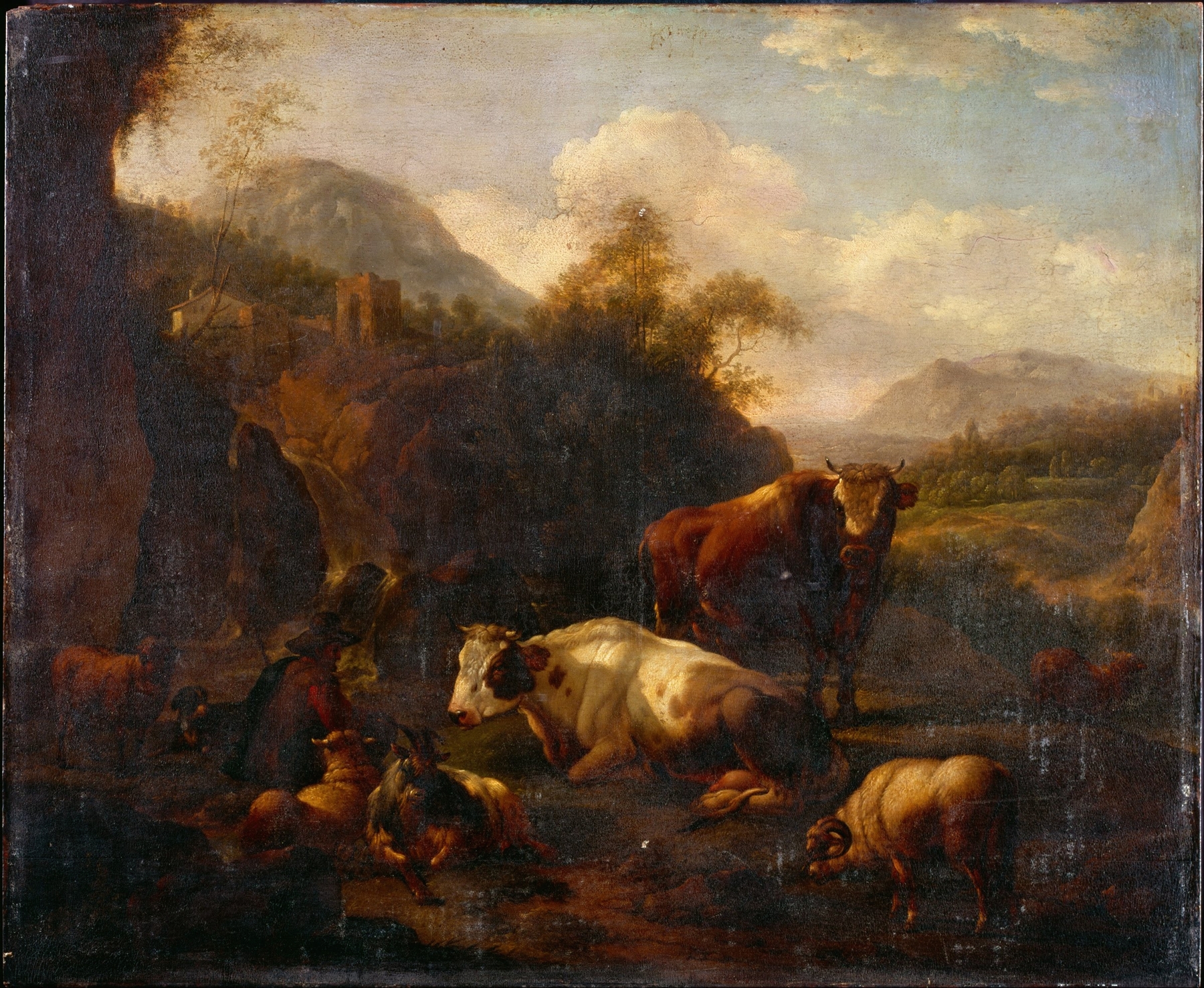 Landscape by Johann Heinrich Roos, oil painting depicting a sunset over a tranquil landscape.