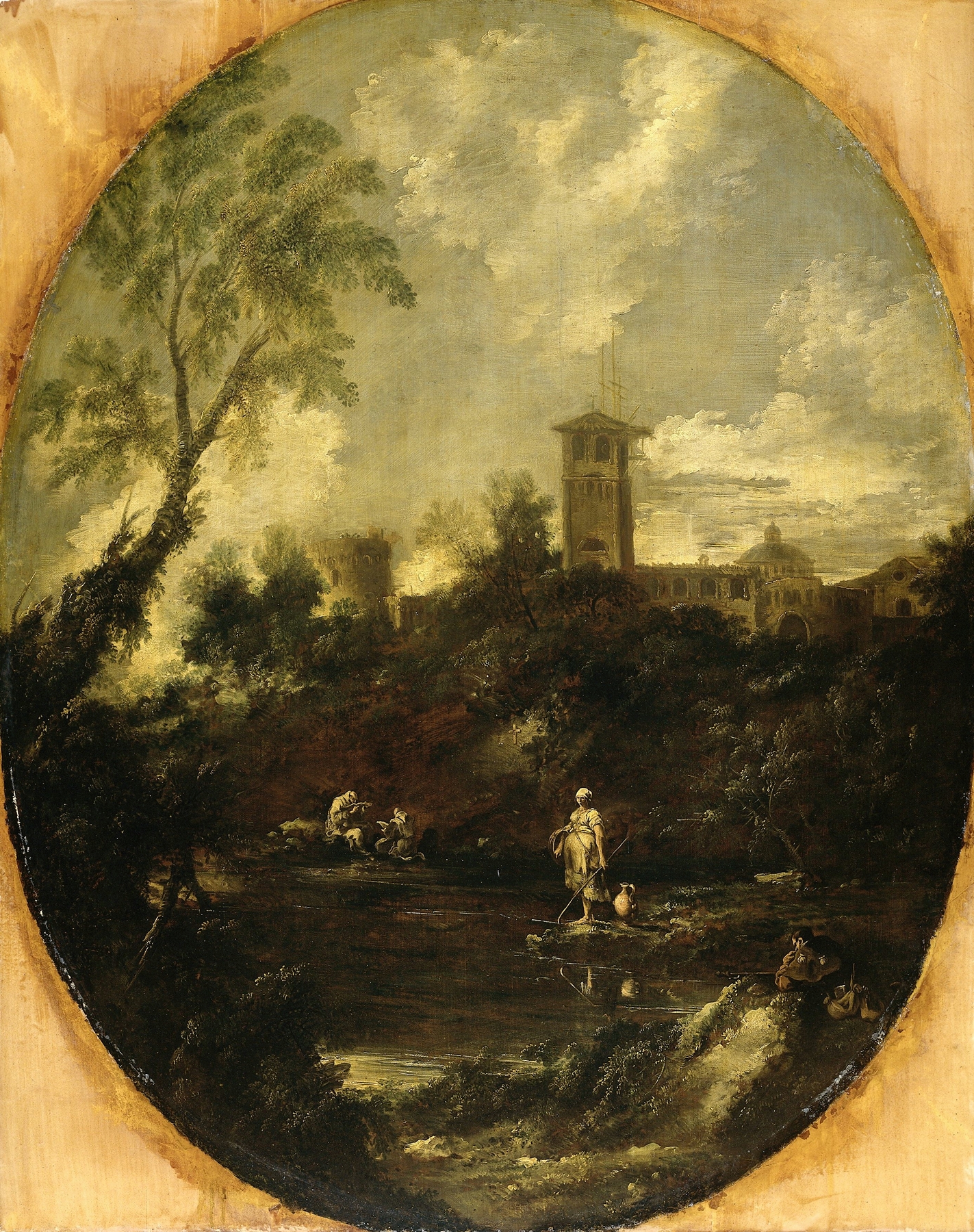 Landscape with Monks, Pilgrim and Peasant Woman by Antonio Francesco Peruzzini, oil painting