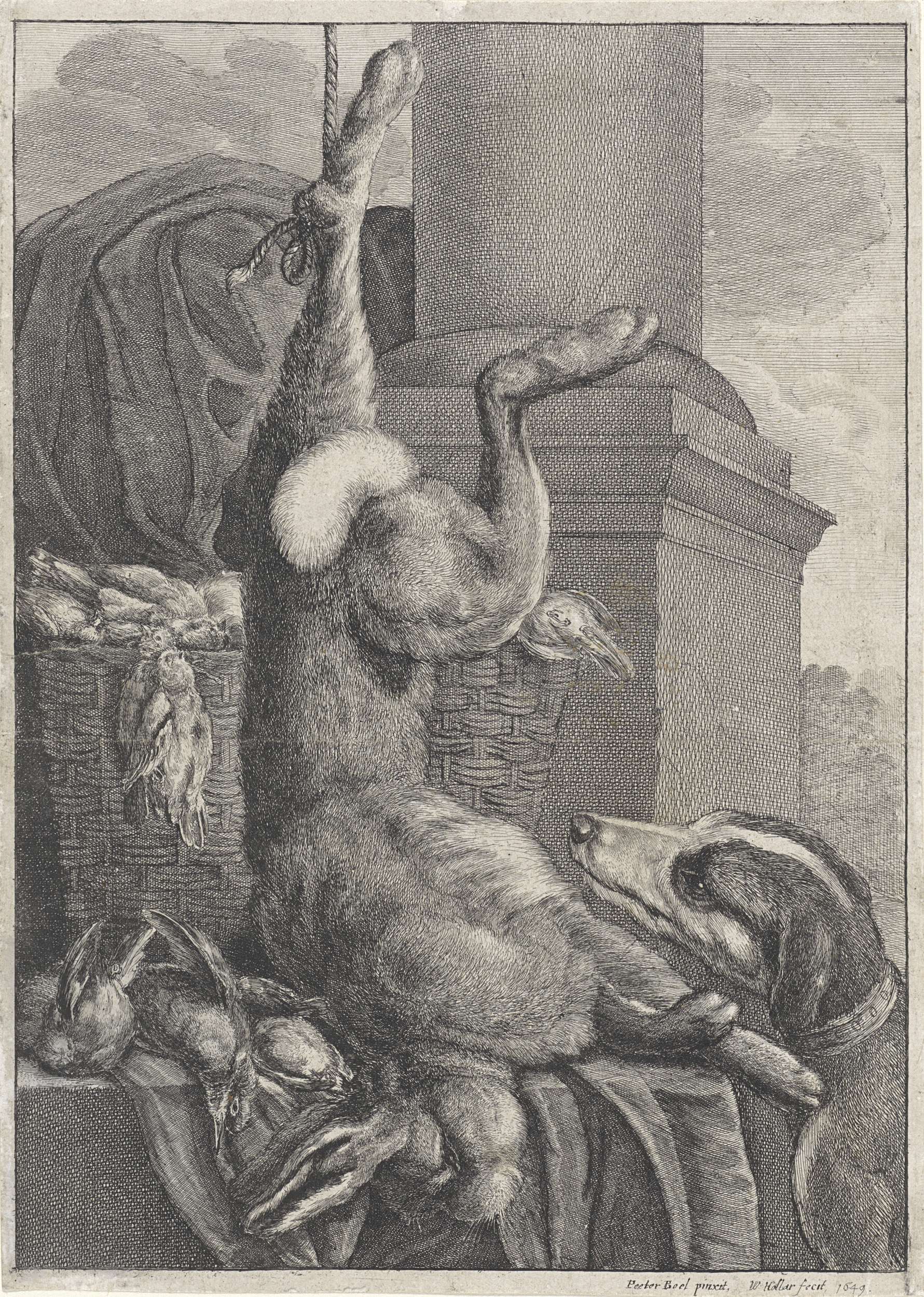 Dode haas en vogels met een jachthond, by Wenceslaus Hollar, public domain
