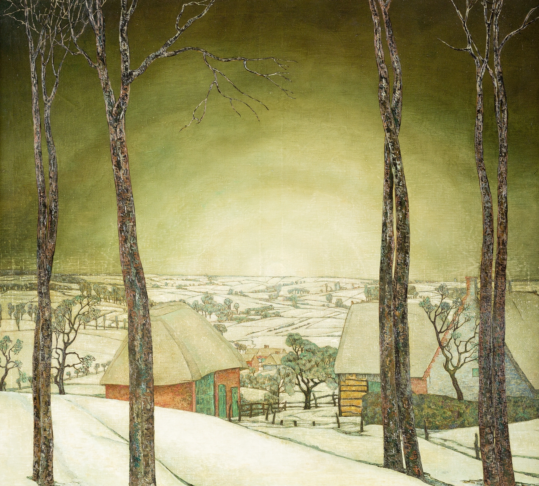 Winter landscape by Valerius De Saedeleer, oil painting depicting snow-covered trees and frost.