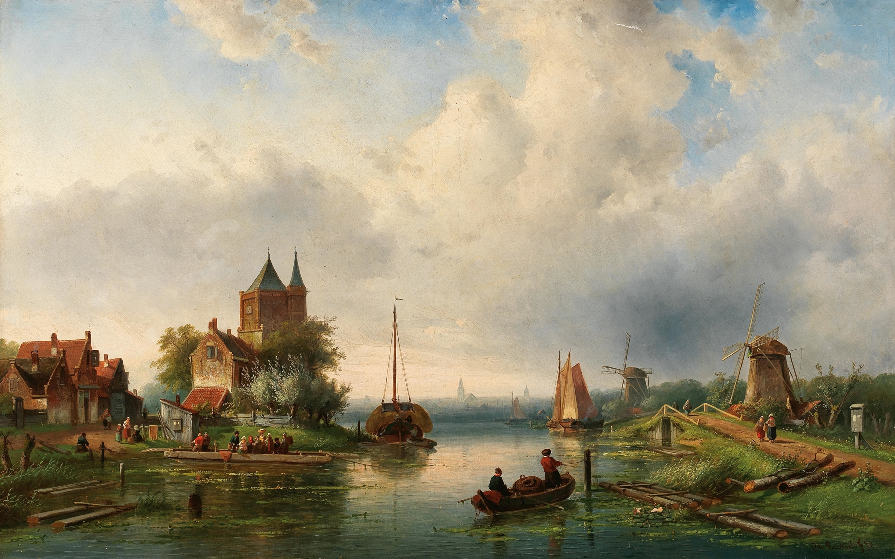 A Vast River Landscape with Windmills, oil painting by Charles Leickert