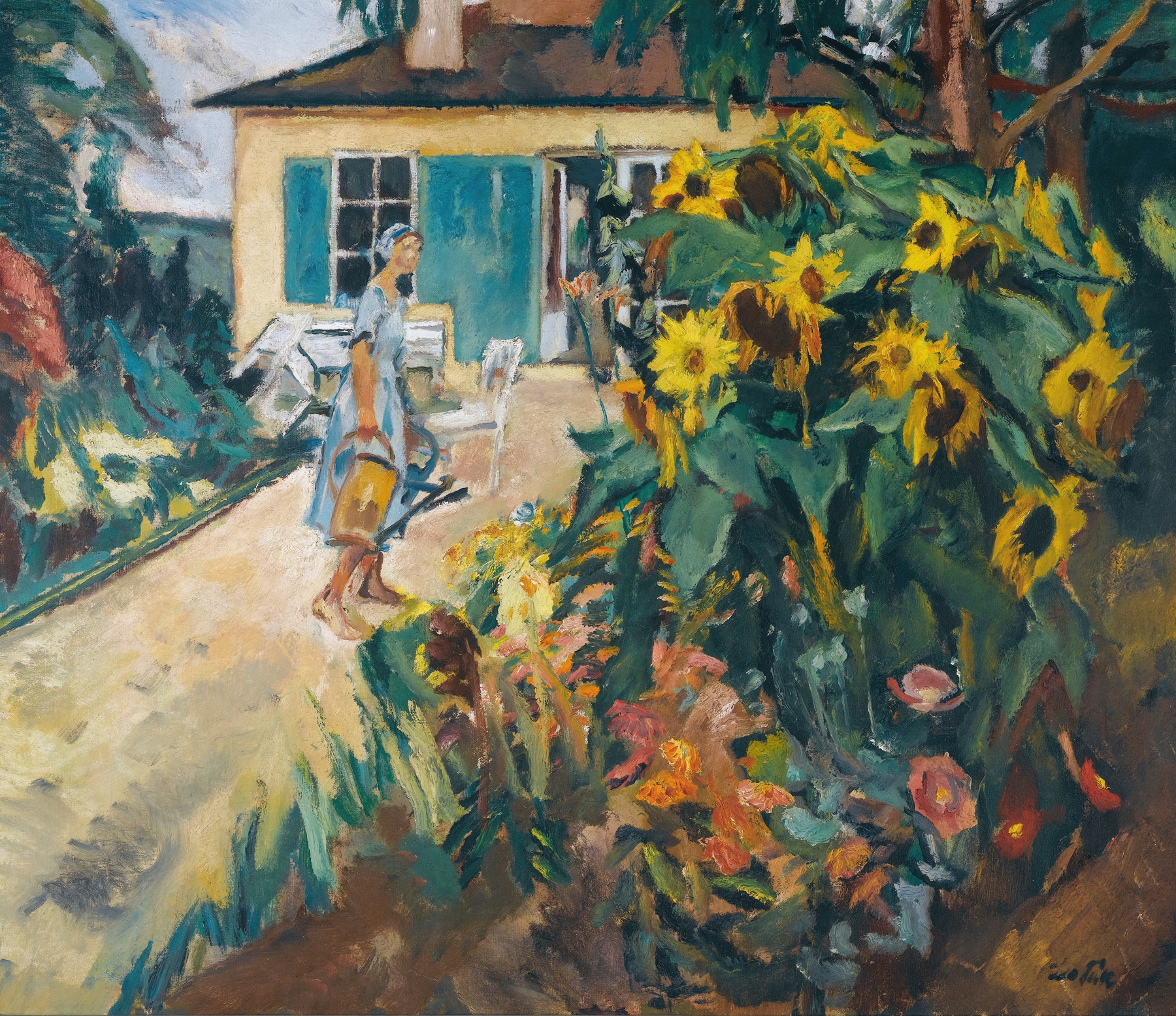 Oil painting by Leo Putz depicting women in a garden with flowers and sunlight.