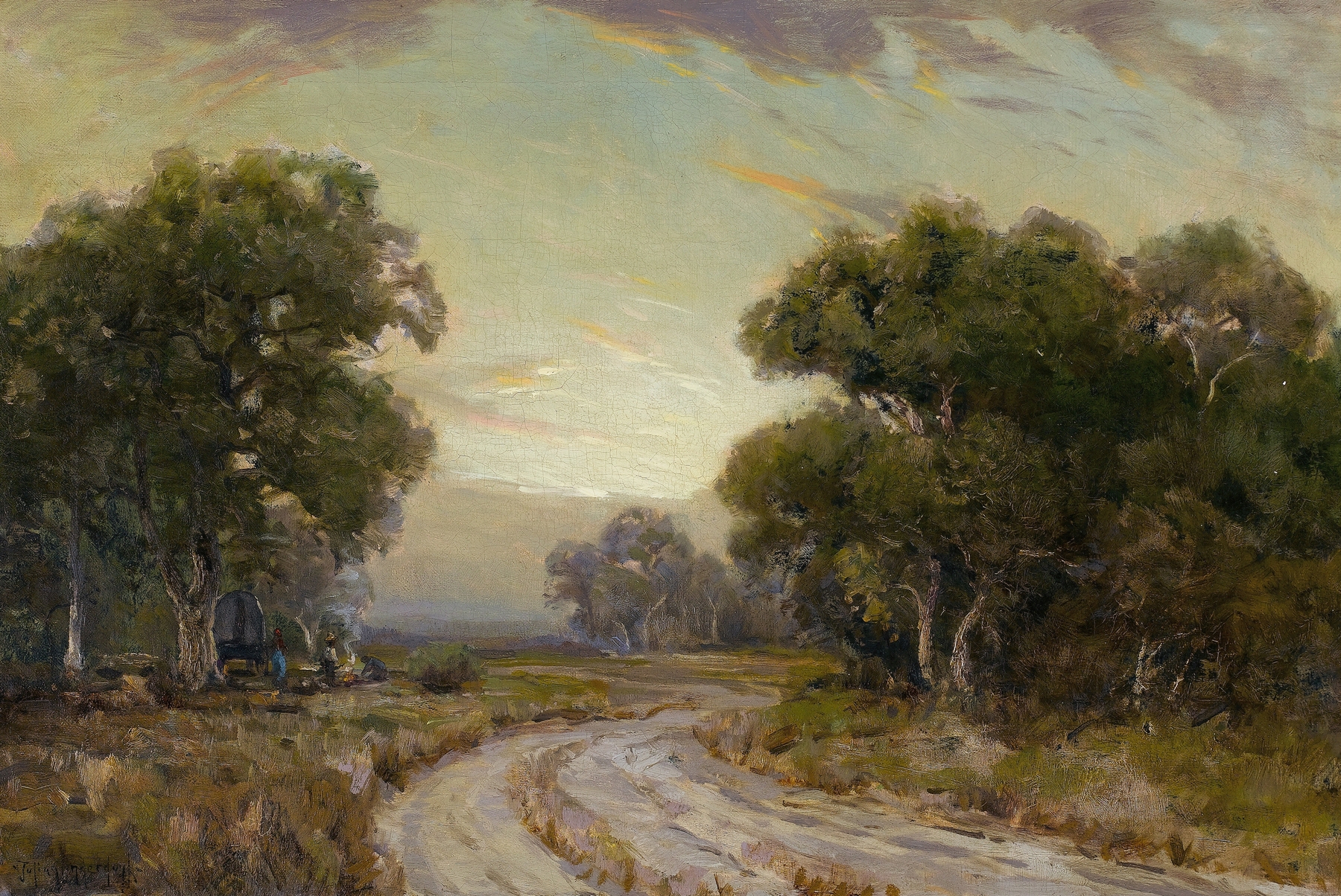 Evening Near Jackson, oil on canvas by Julian Onderdonk depicting a tranquil Texas landscape at dusk.