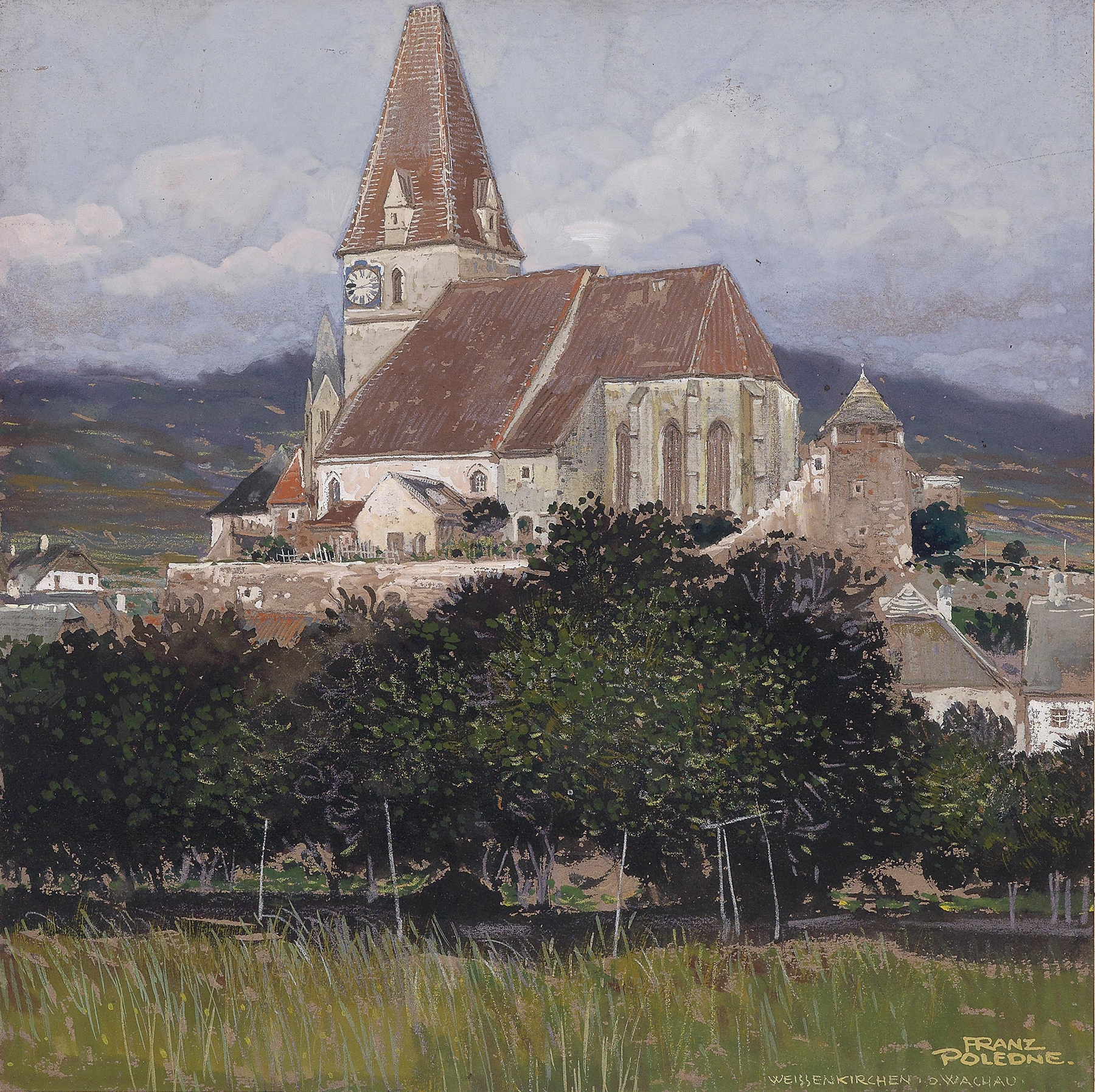 Landscape with hills and a river, oil on canvas by Franz Poledne