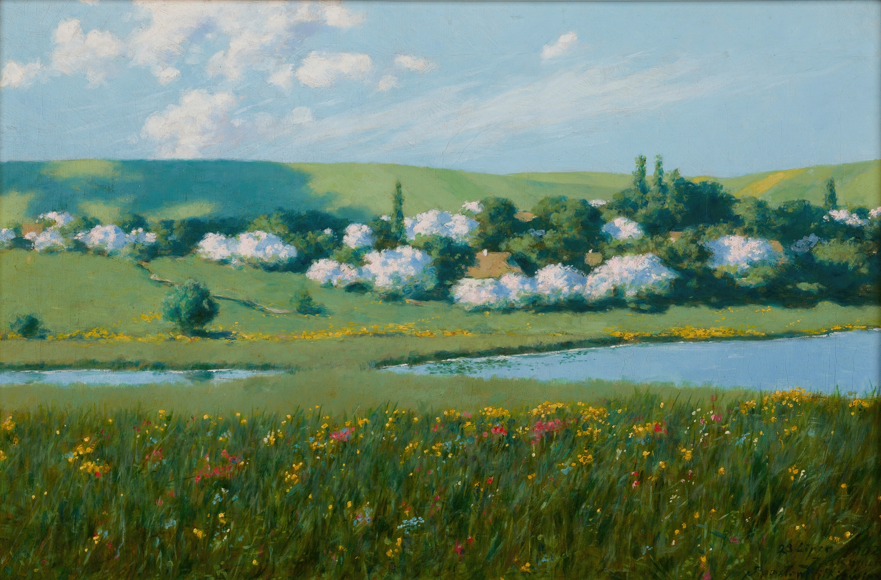 Spring landscape with a pond, oil on canvas by Stanisław Witkiewicz