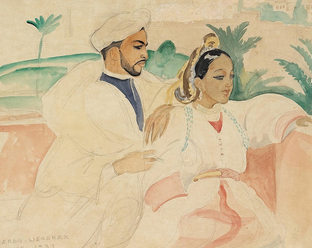Gerda Wegener's 'Marokkansk par' features a captivating couple in an exotic setting.