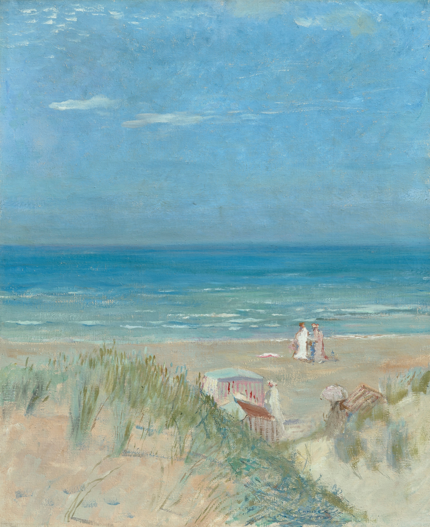 Sand dunes, Ambleteuse by Charles Conder, oil on canvas depicting gentle dunes and a blue sky.