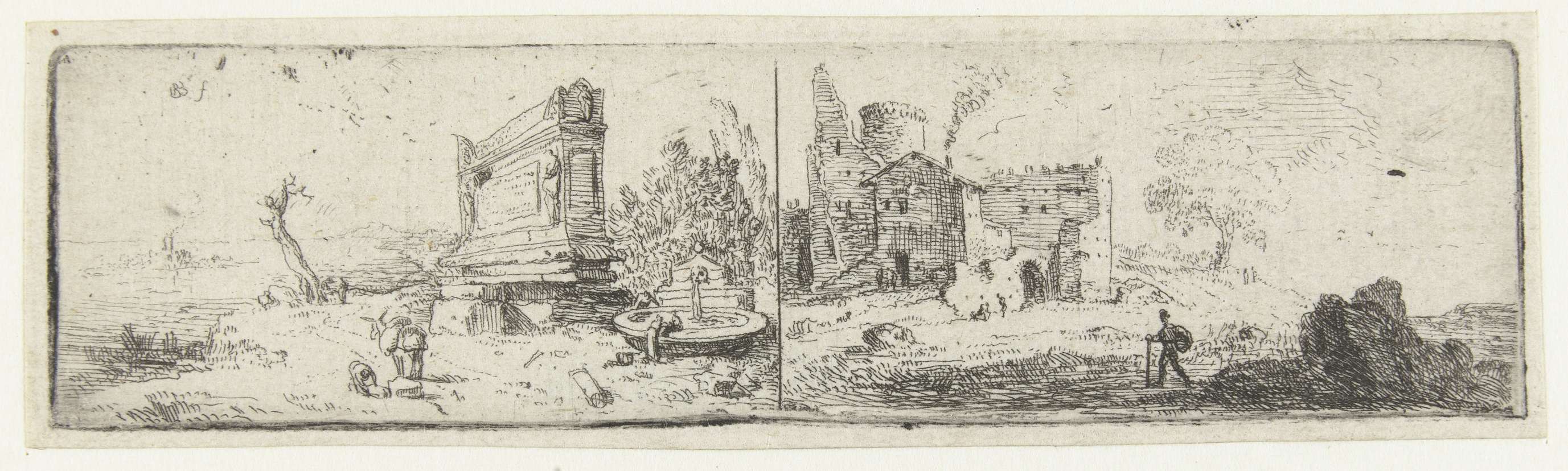 Graftombe aan de Via Cassia en het paleis van Buoncompagna, etching by Bartholomeus Breenbergh