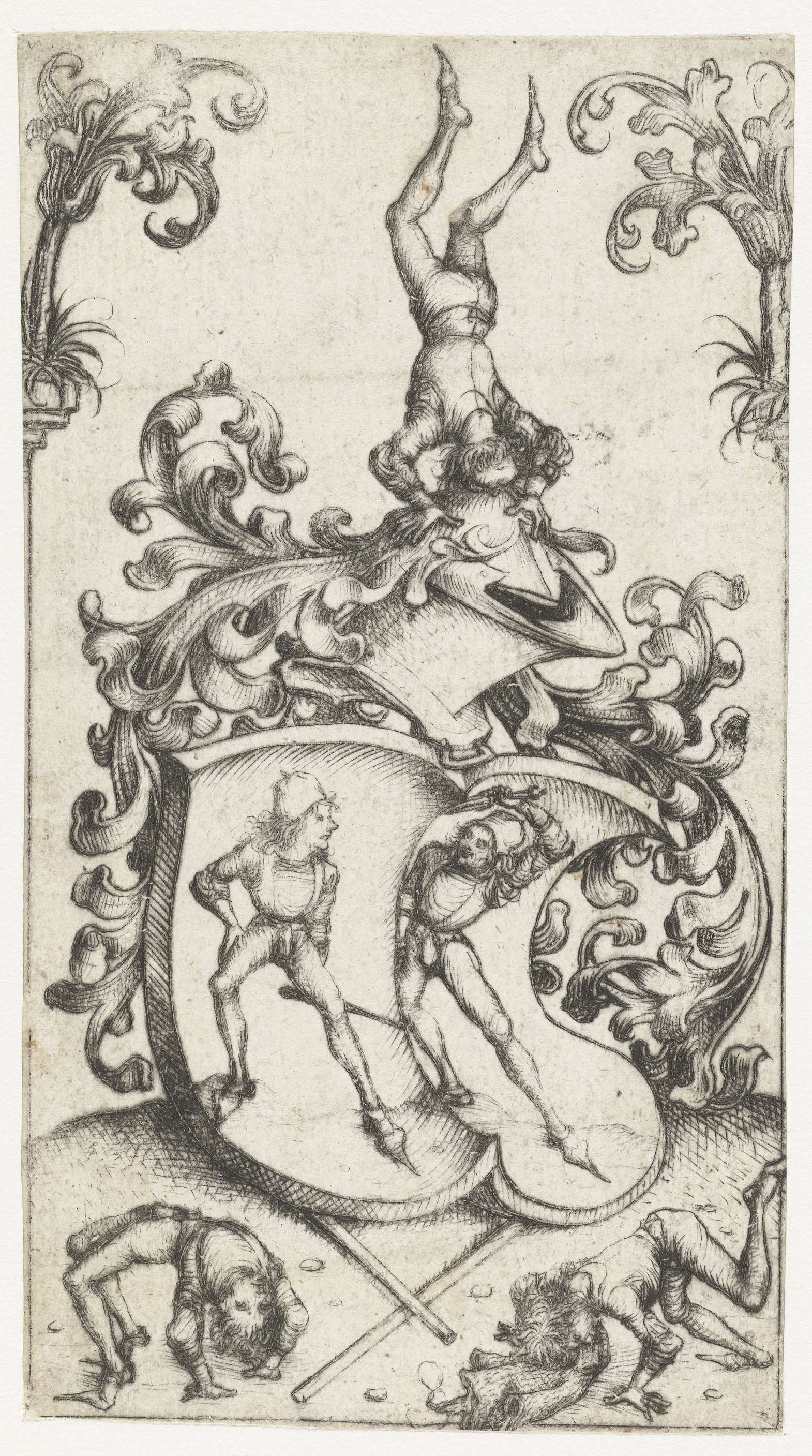 Wapenschild met acrobaten en zwaardvechters, drypoint by Meester van het Amsterdamse Kabinet