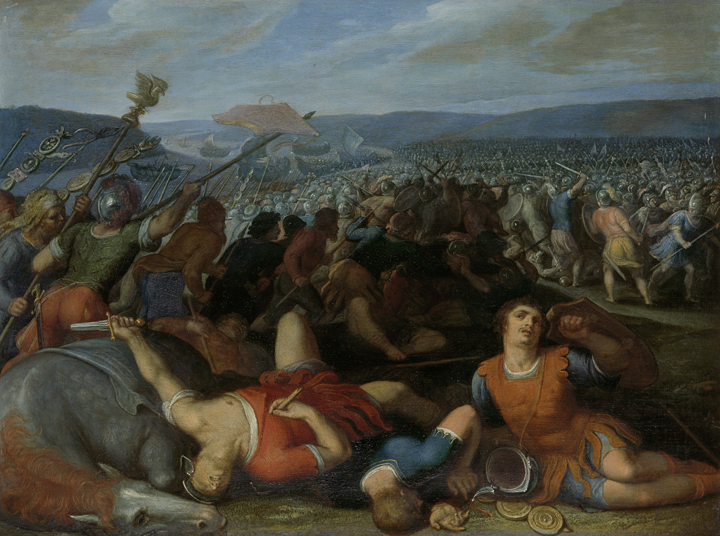 Historical scene of Batavians defeating Romans, oil on panel by Otto van Veen