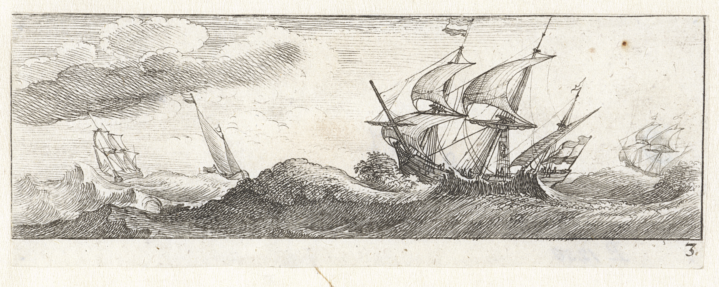 Etching by Wenceslaus Hollar depicting ships in a stormy sea