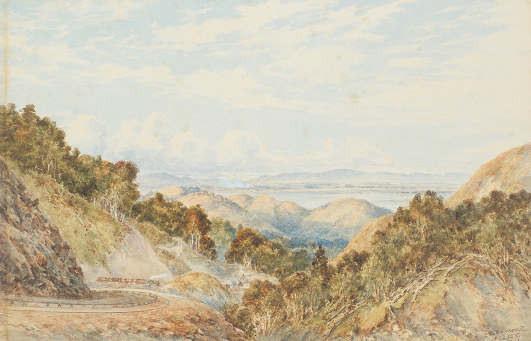 Rimutaka railway from above Cross Creek, oil painting by Charles Decimus Barraud