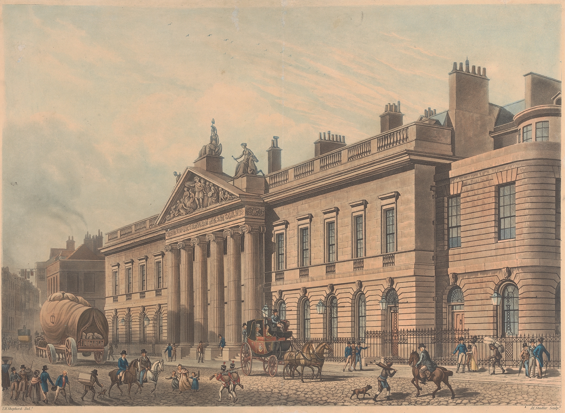 East India House by Thomas Hosmer Shepherd, watercolor on paper, featuring a grand building with columns and clouds.