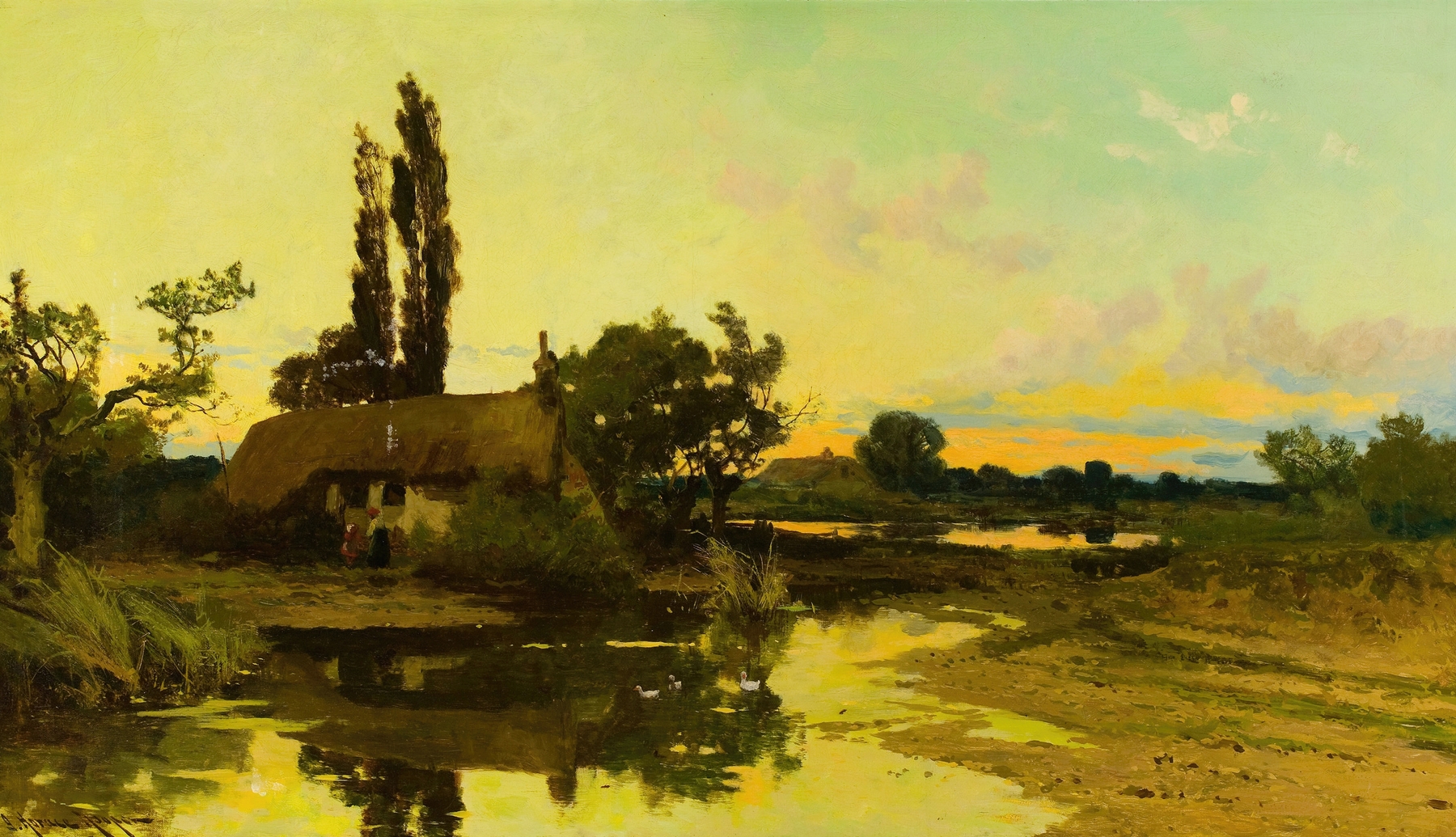 Cottage Near Pond by John Horace Hooper, impressionism, depicting a tranquil pond with reflections.