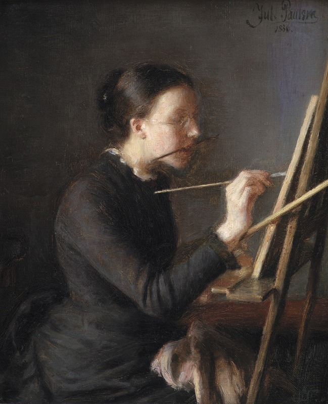 A portrait of Agnes Paulsen at her easel by Julius Paulsen.