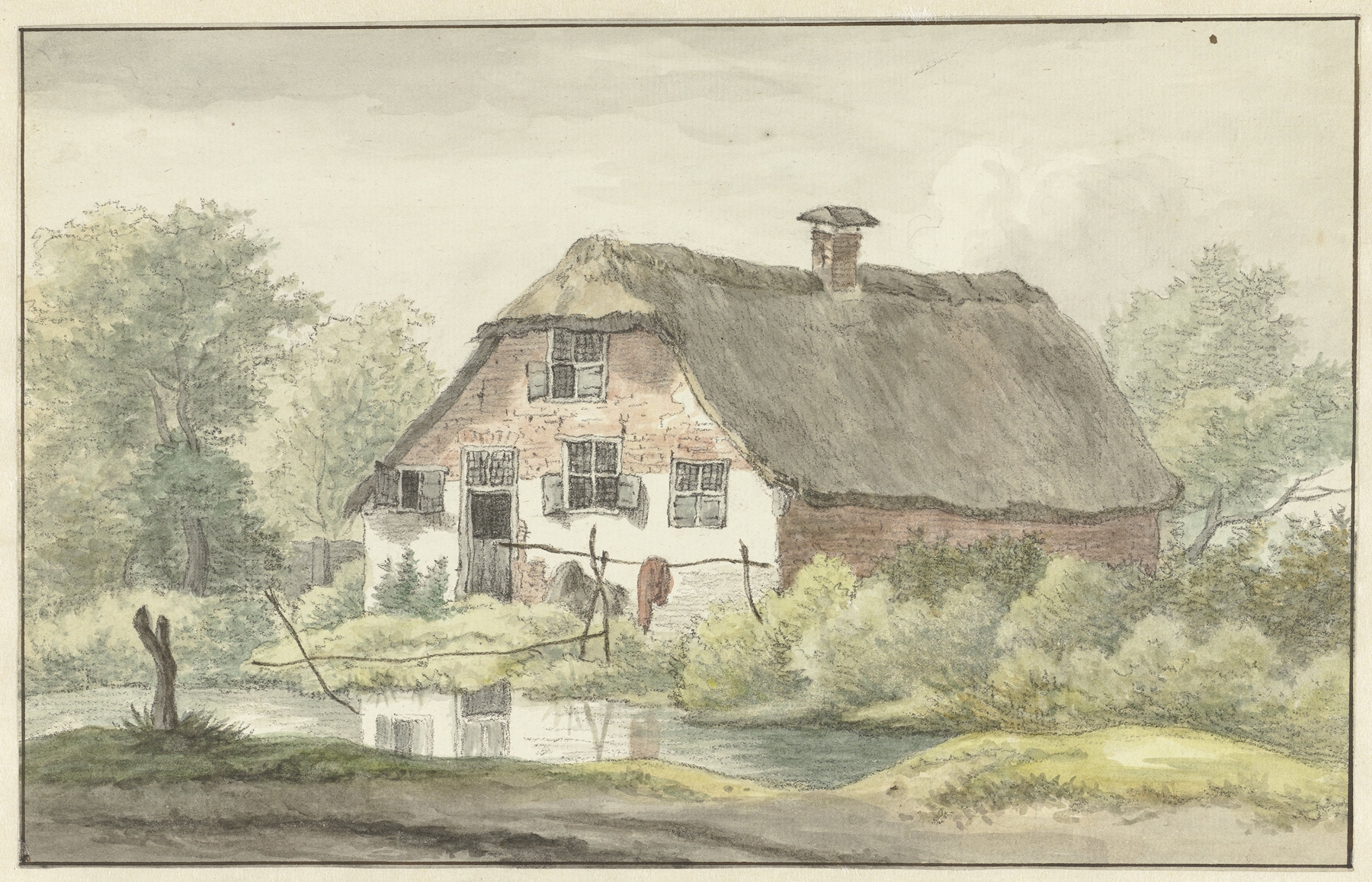 Landscape with a thatched roof cottage by Egbert van Drielst, oil painting