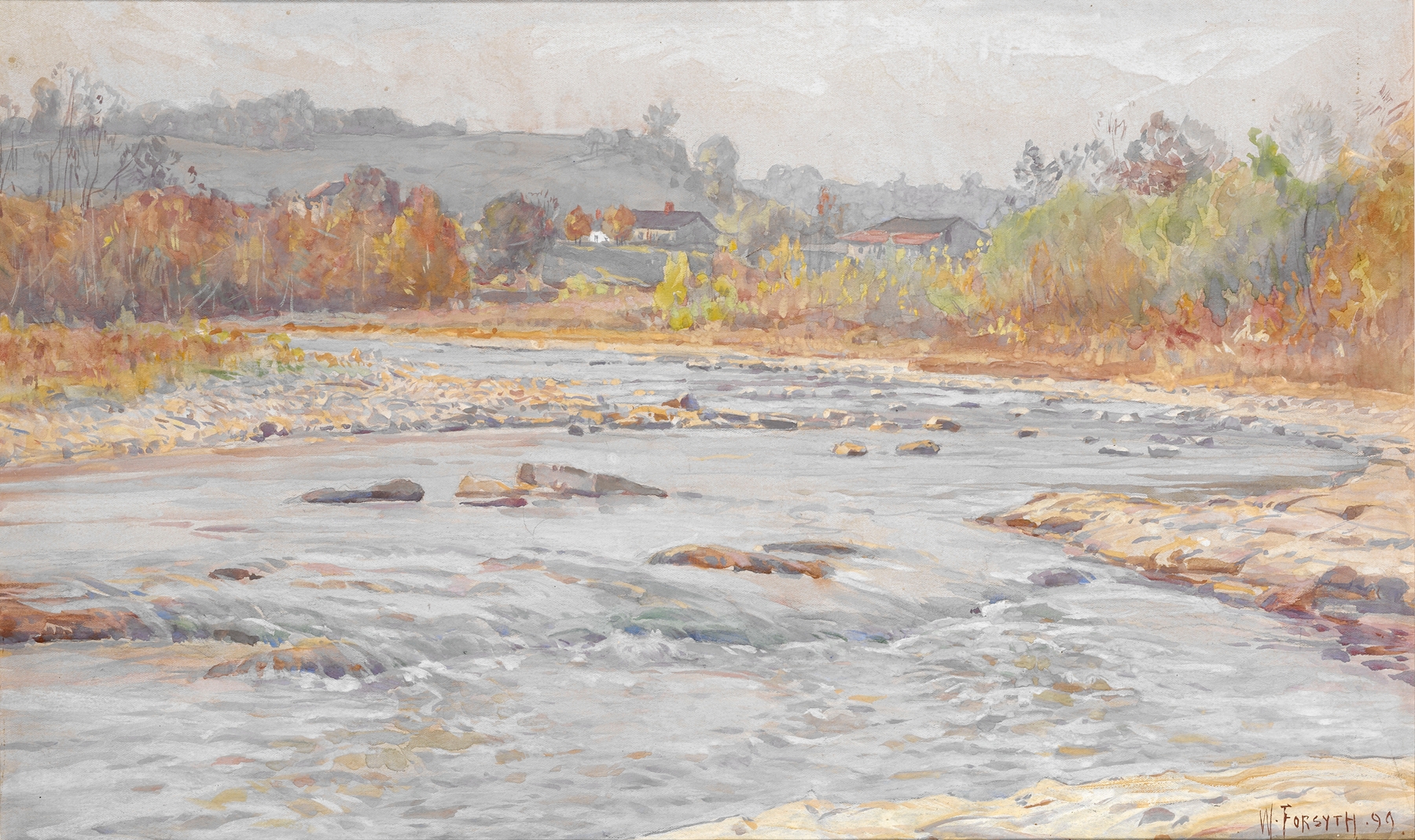 Whitewater Rapids by William J. Forsyth, oil painting depicting turbulent water and rocks.
