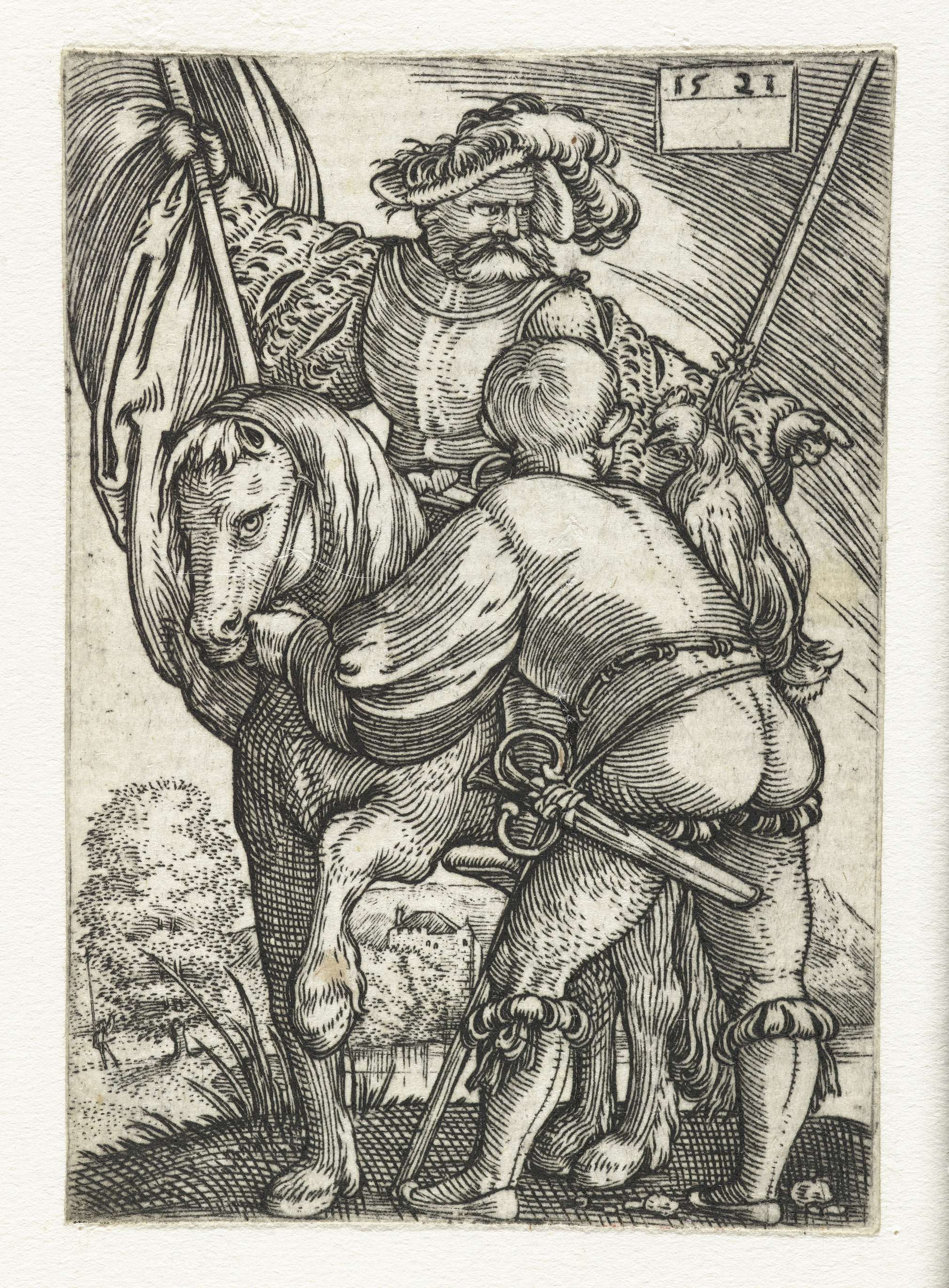 Vaandeldrager te paard met voetknecht, by Barthel Beham, public domain