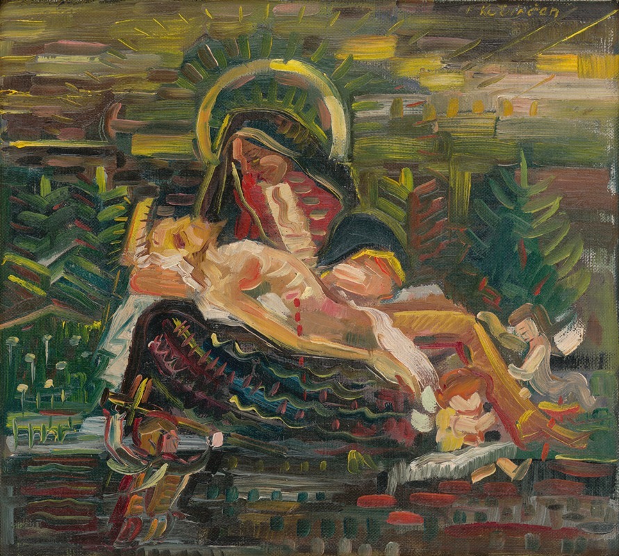 This painting depicts a poignant scene of mourning and compassion.