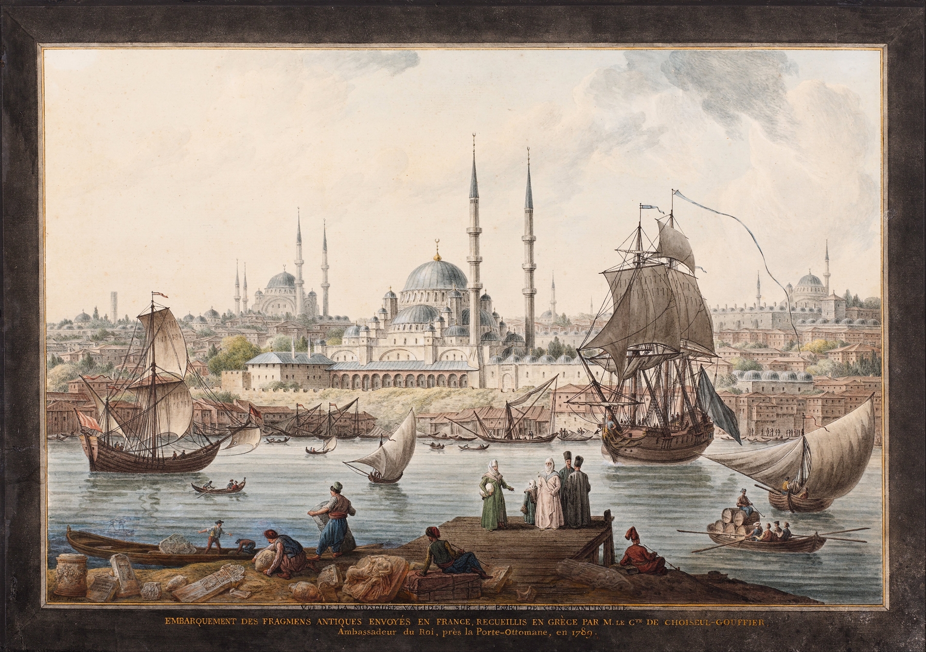 Marine scene of Yeni Camii and The Port of İstanbul by Jean-Baptiste Hilaire, oil painting