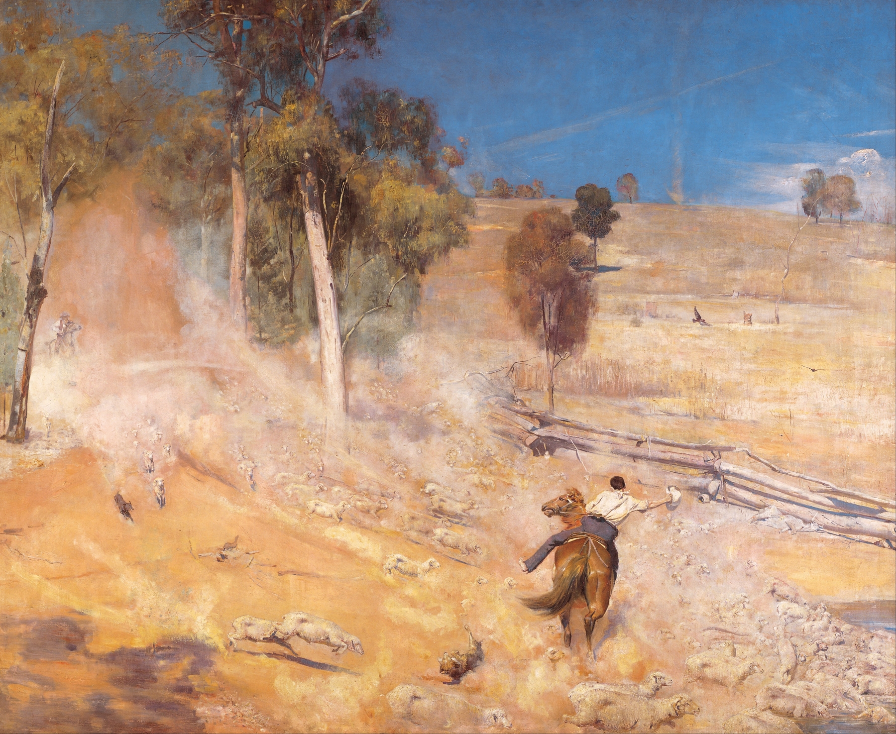 Genre scene with women in vibrant dresses under sunlight, oil on canvas by Tom Roberts