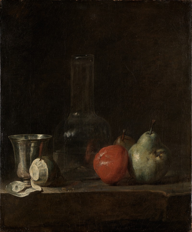 A still life painting featuring a glass bottle and various fruits.