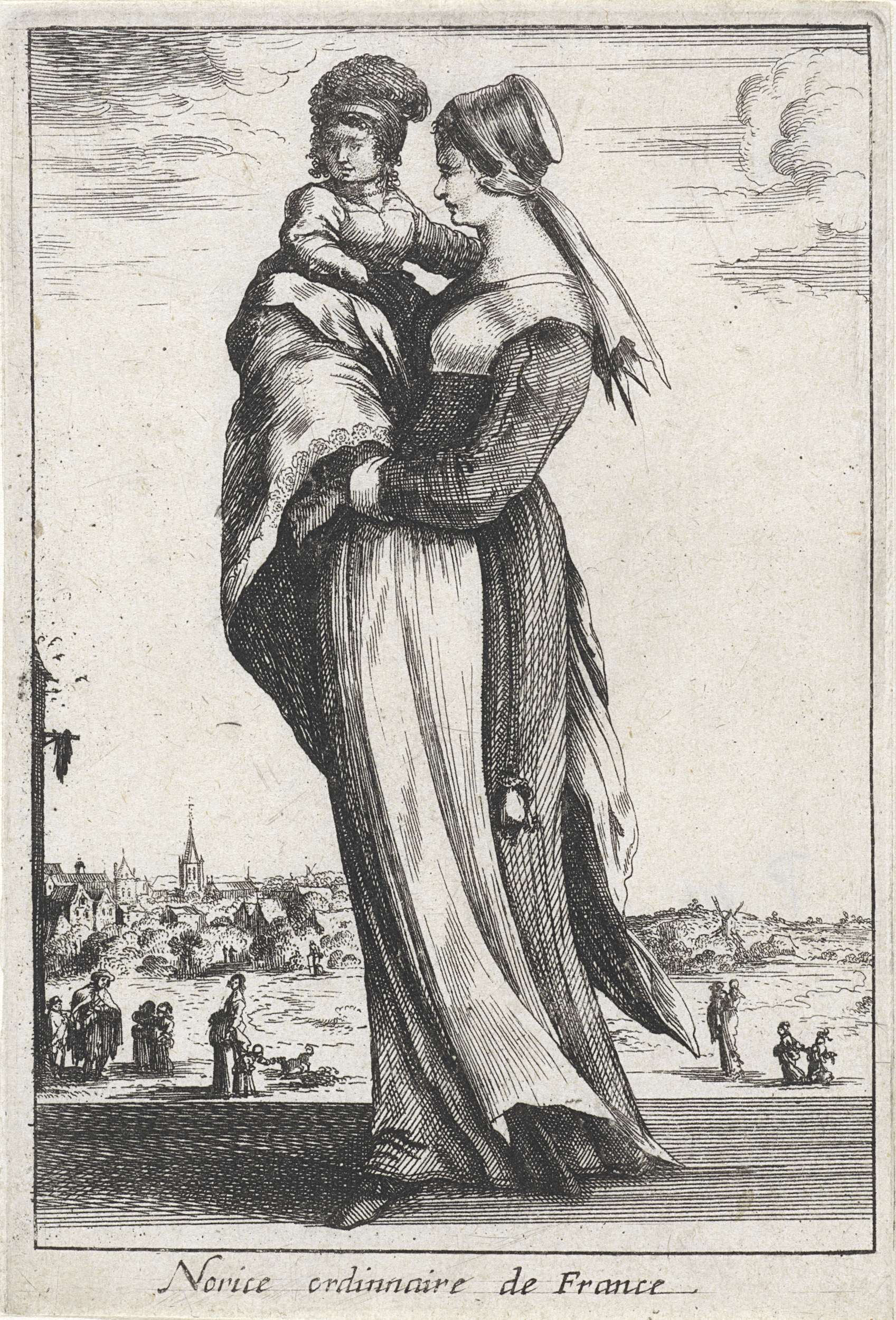Nourice ordinaire de France, etching by unknown artist, depicting chaotic beauty of everyday life.