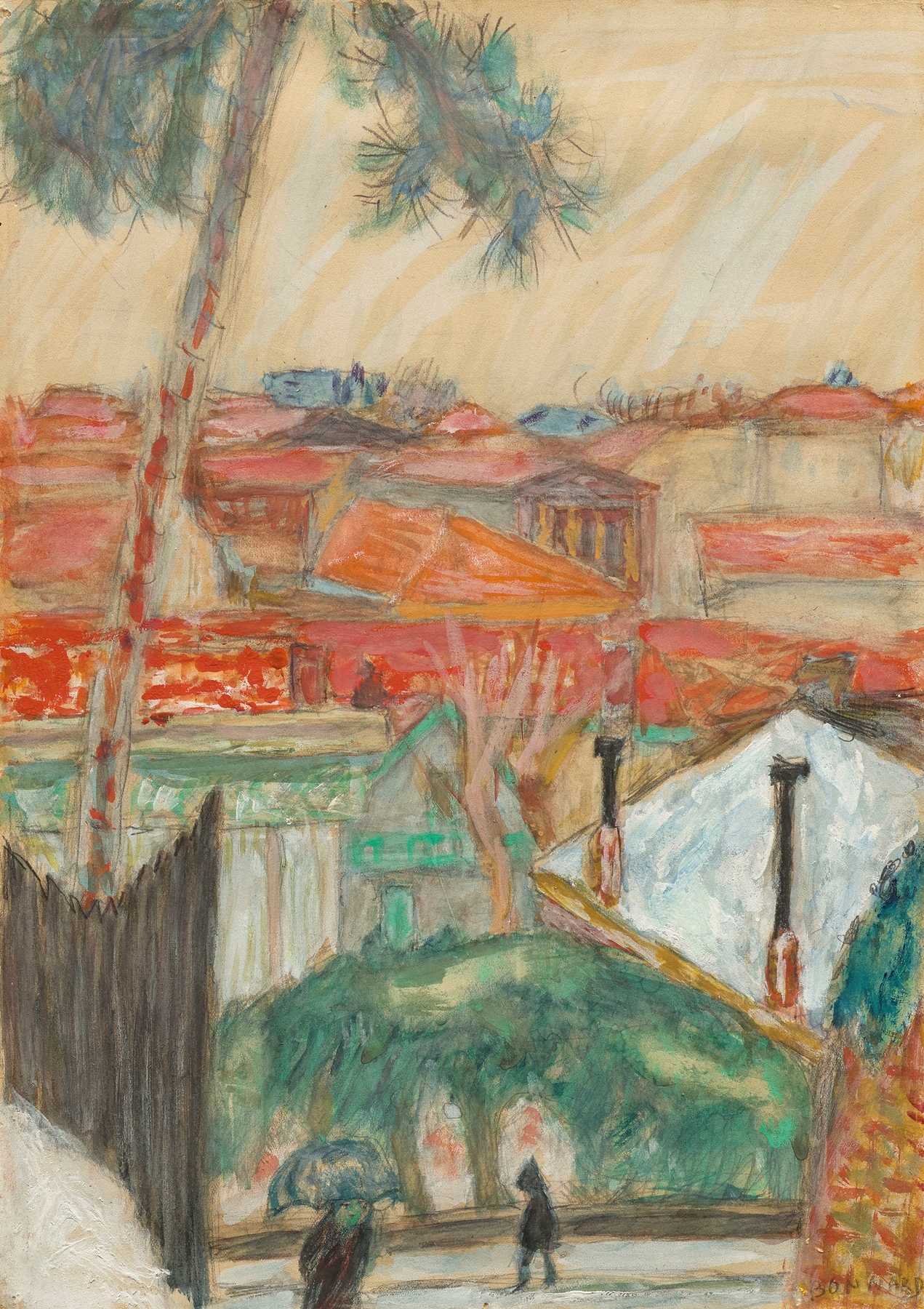 Les Toits by Pierre Bonnard, oil on canvas, featuring colorful rooftops in an urban setting.