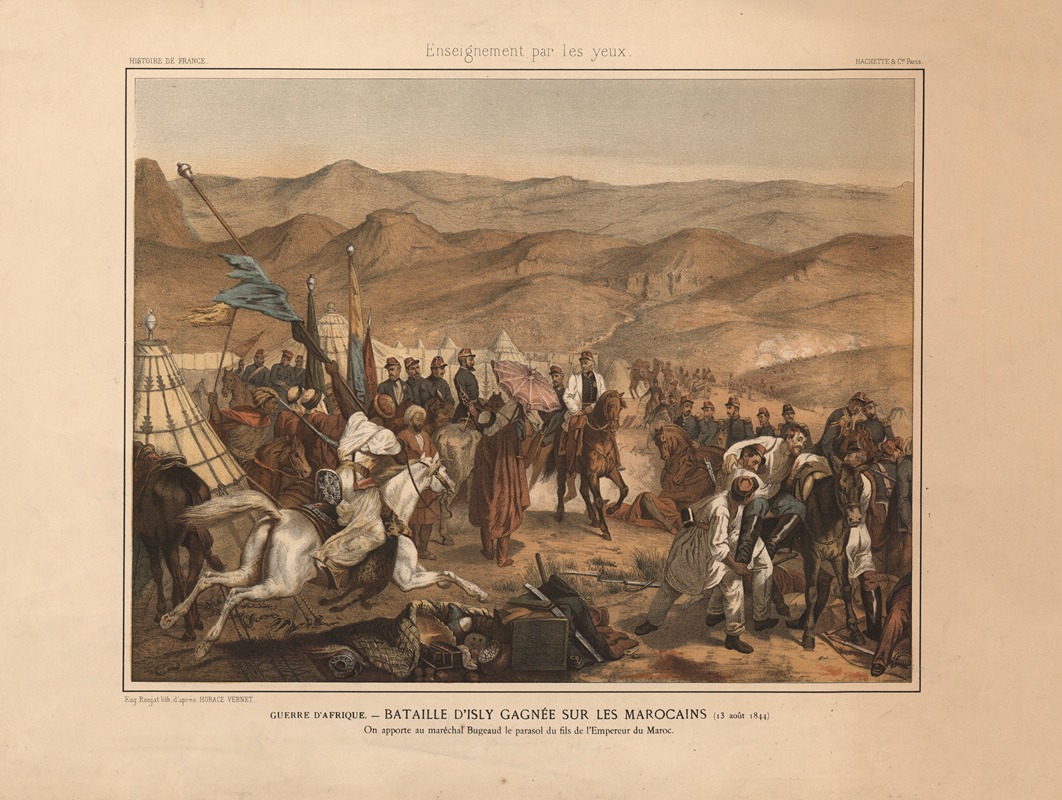 This painting depicts the Battle of Isly, showcasing a dramatic historical scene.