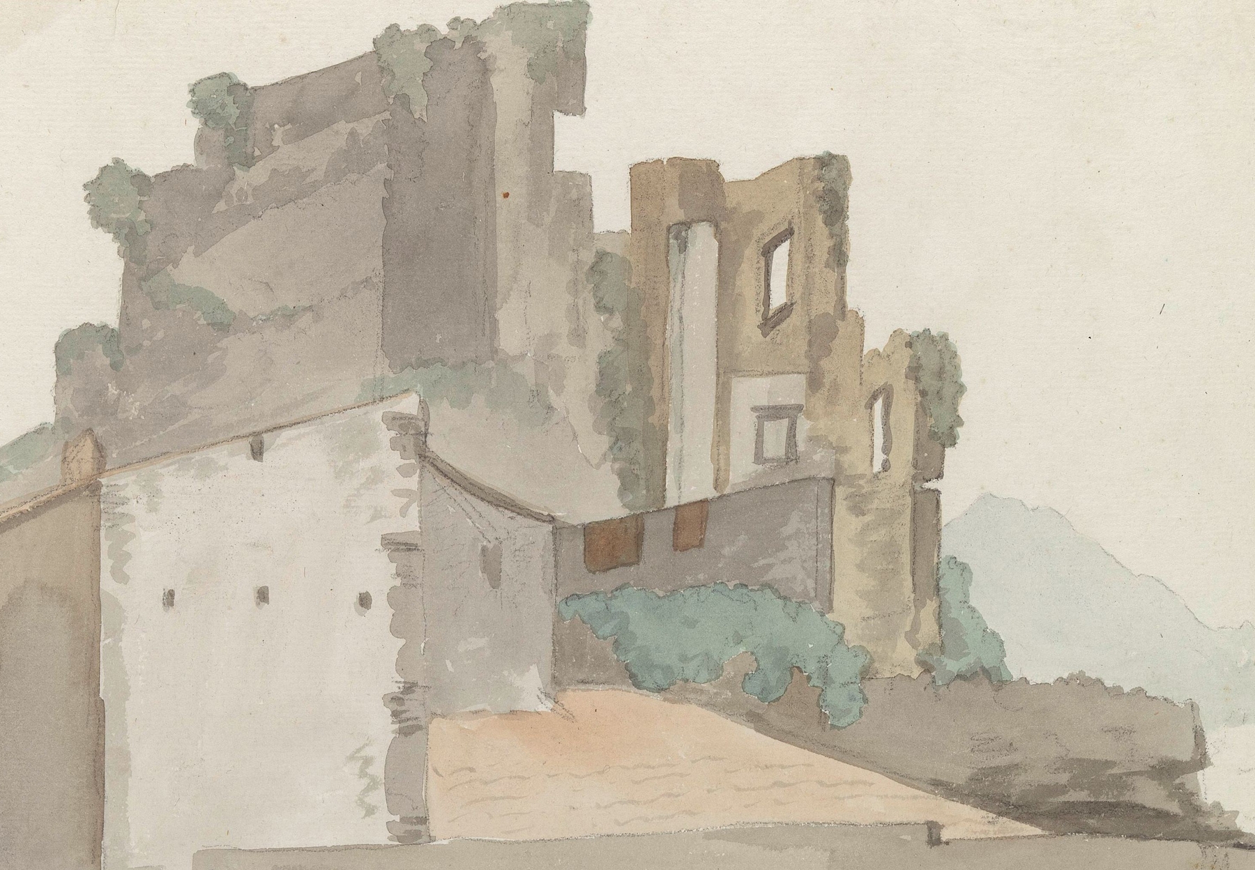 Watercolour by Abraham-Louis-Rodolphe Ducros depicting Castel Vecchio ruins in a landscape