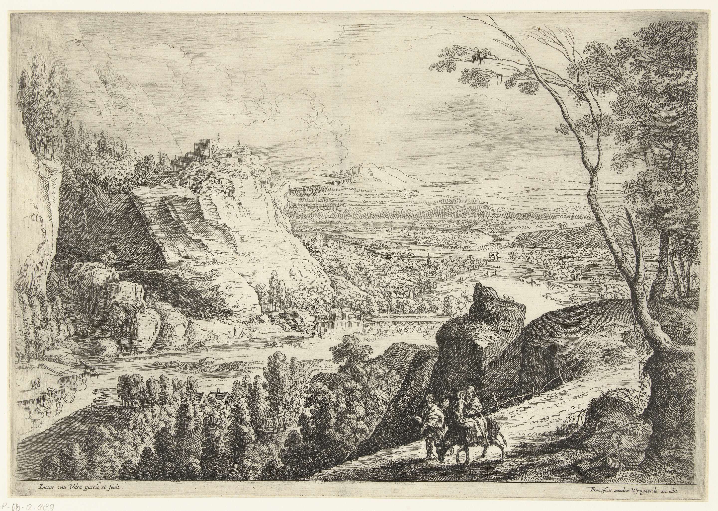 Landschap met de vlucht naar Egypte, etching by Lucas van Uden, featuring rolling hills and trees.
