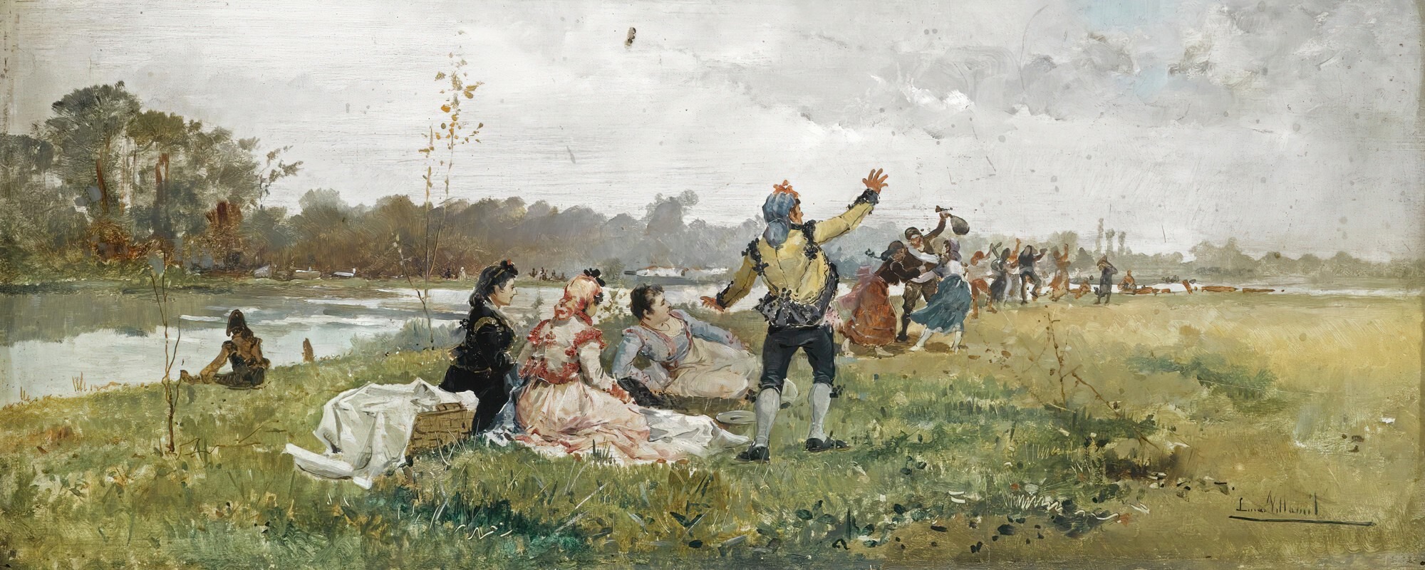 Eugenio Lucas Villamil's *Campestre* depicts a lively rural scene filled with vibrant colors and joyful figures.