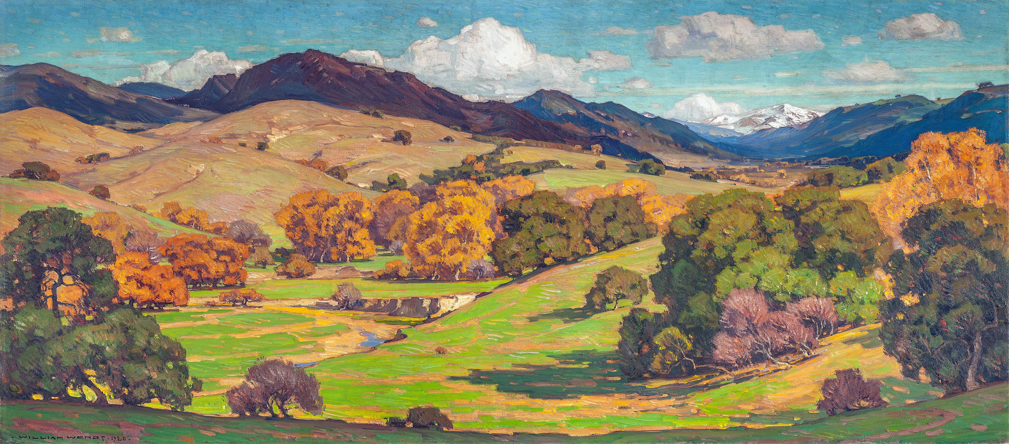 California Landscape by William Wendt, oil on canvas depicting rolling hills and trees.
