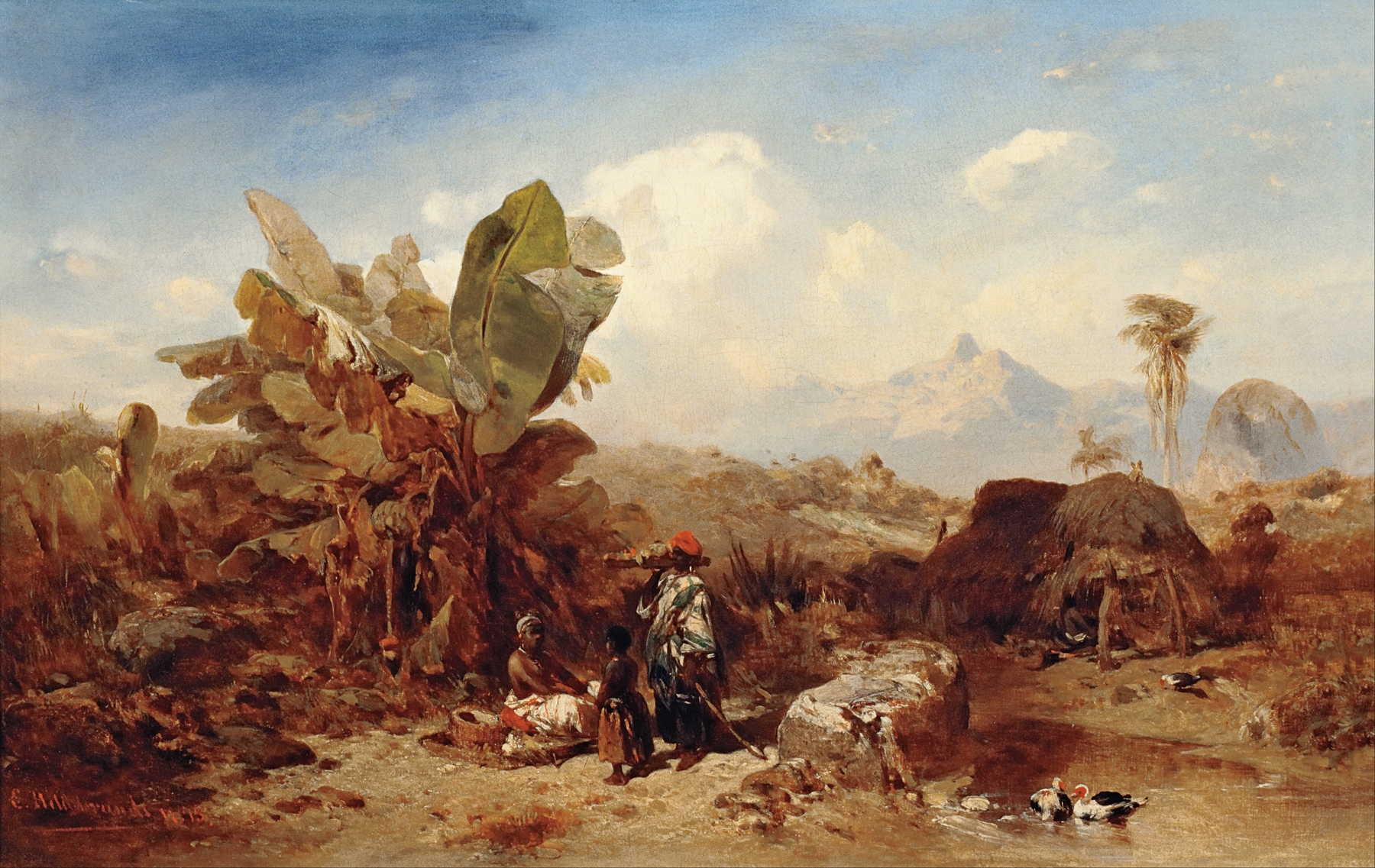 Landscape with Black People by Eduard Hildebrandt, oil painting depicting figures in a lush green setting.