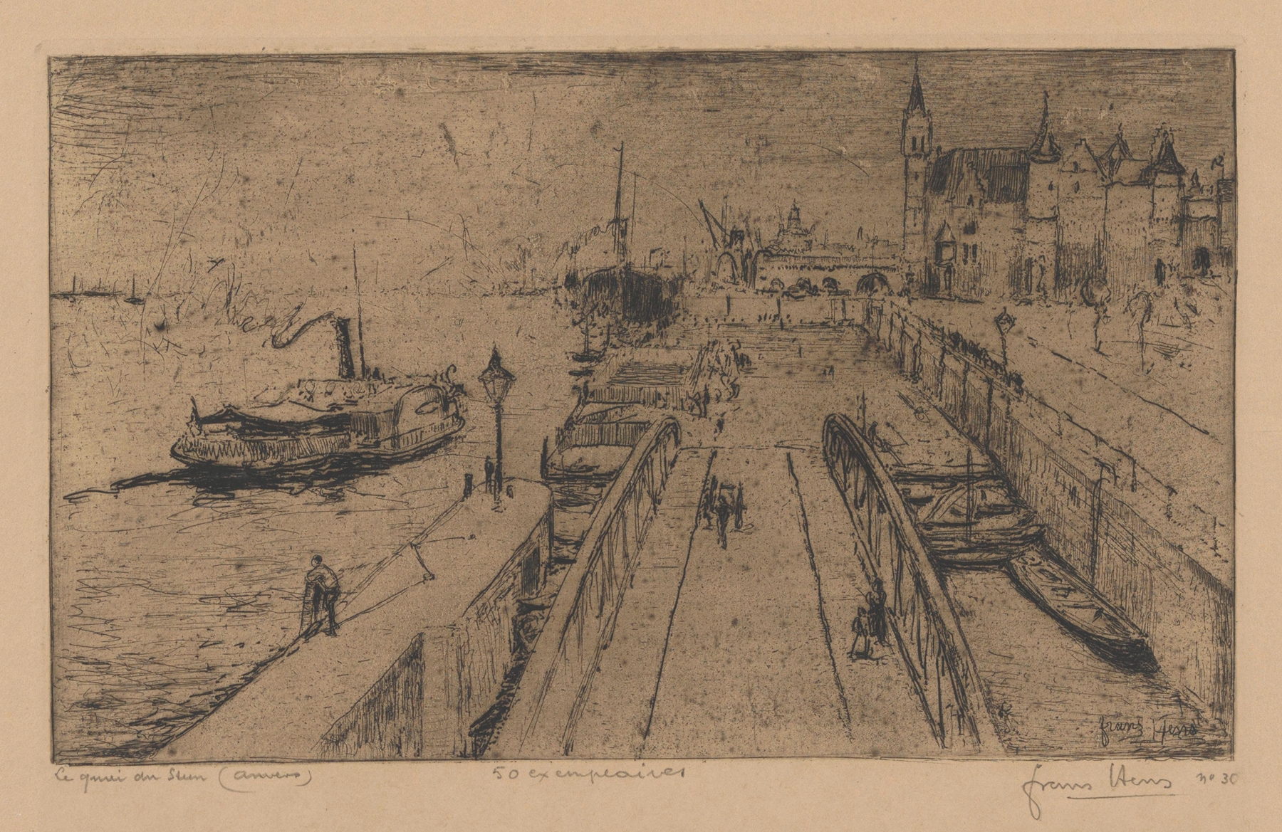 The Quay at the Steen, oil on canvas by Frans Hens, depicting a tranquil canal with reflections.