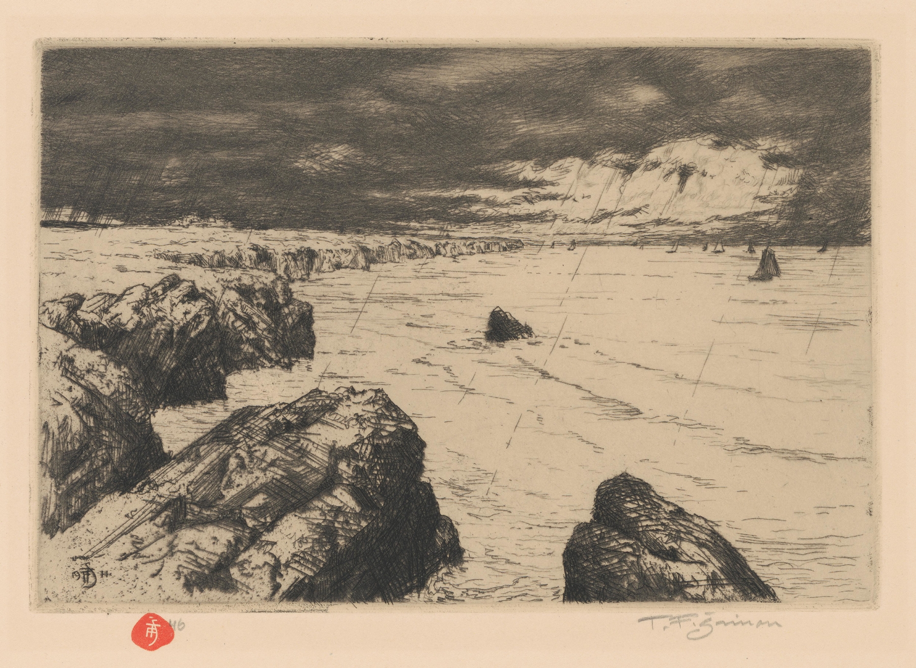 Marine landscape with shoreline and waves in oil painting by Tavík František Šimon