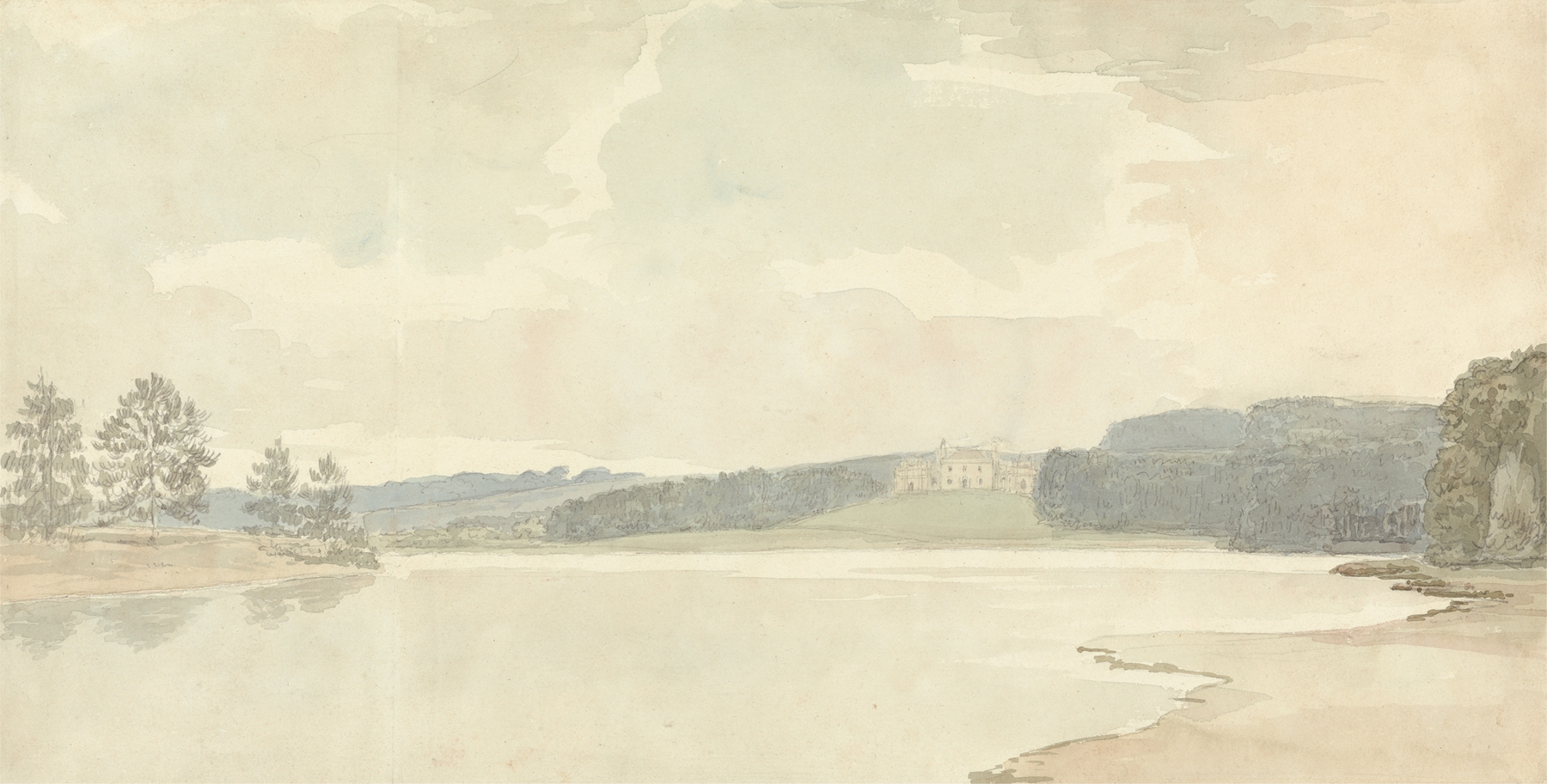 River scene with a country house in distance, oil on canvas by Samuel Davis