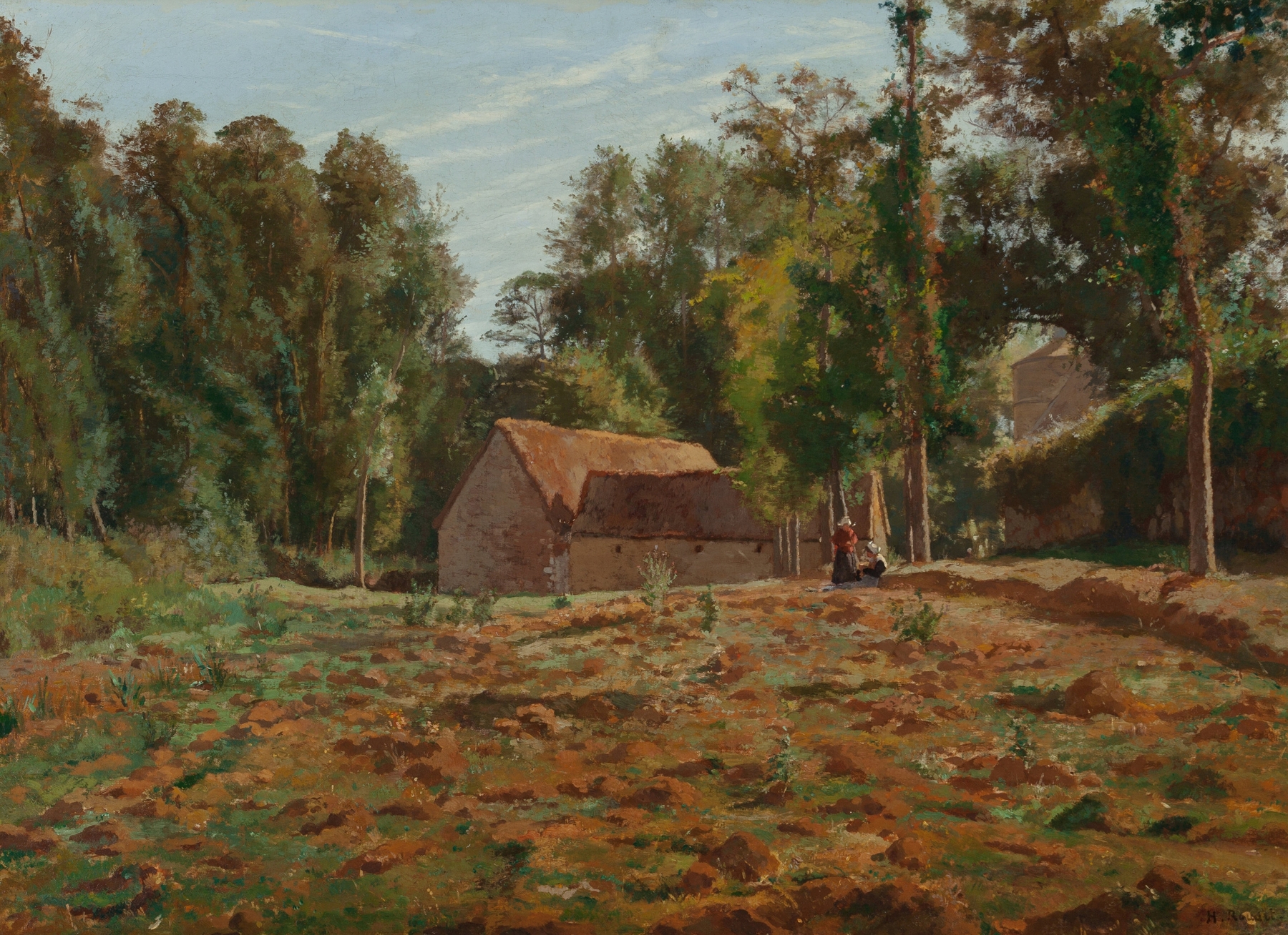 Landscape oil painting by Henri Stanislas Rouart depicting a serene farm scene.