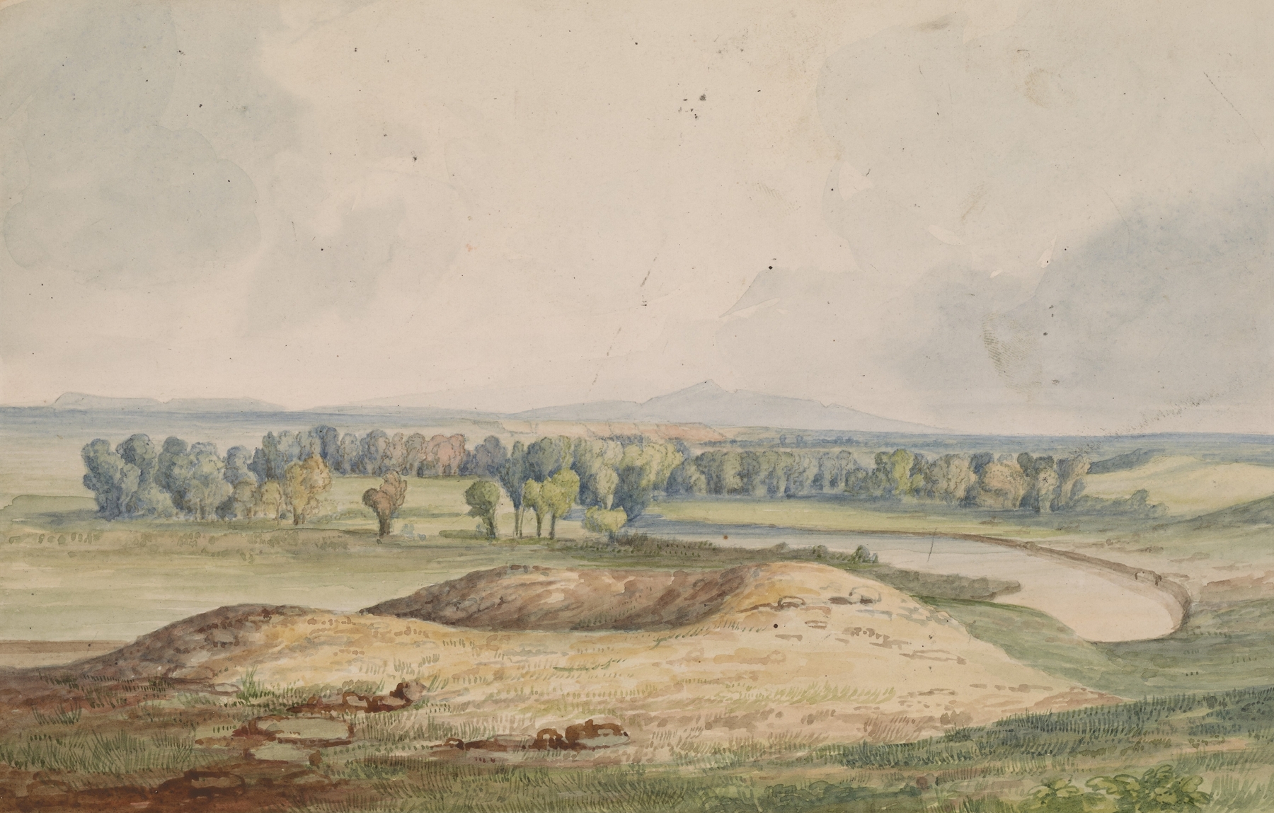 Milk River – Bear’s Paw Mountain in Distance, oil on canvas by John Mix Stanley