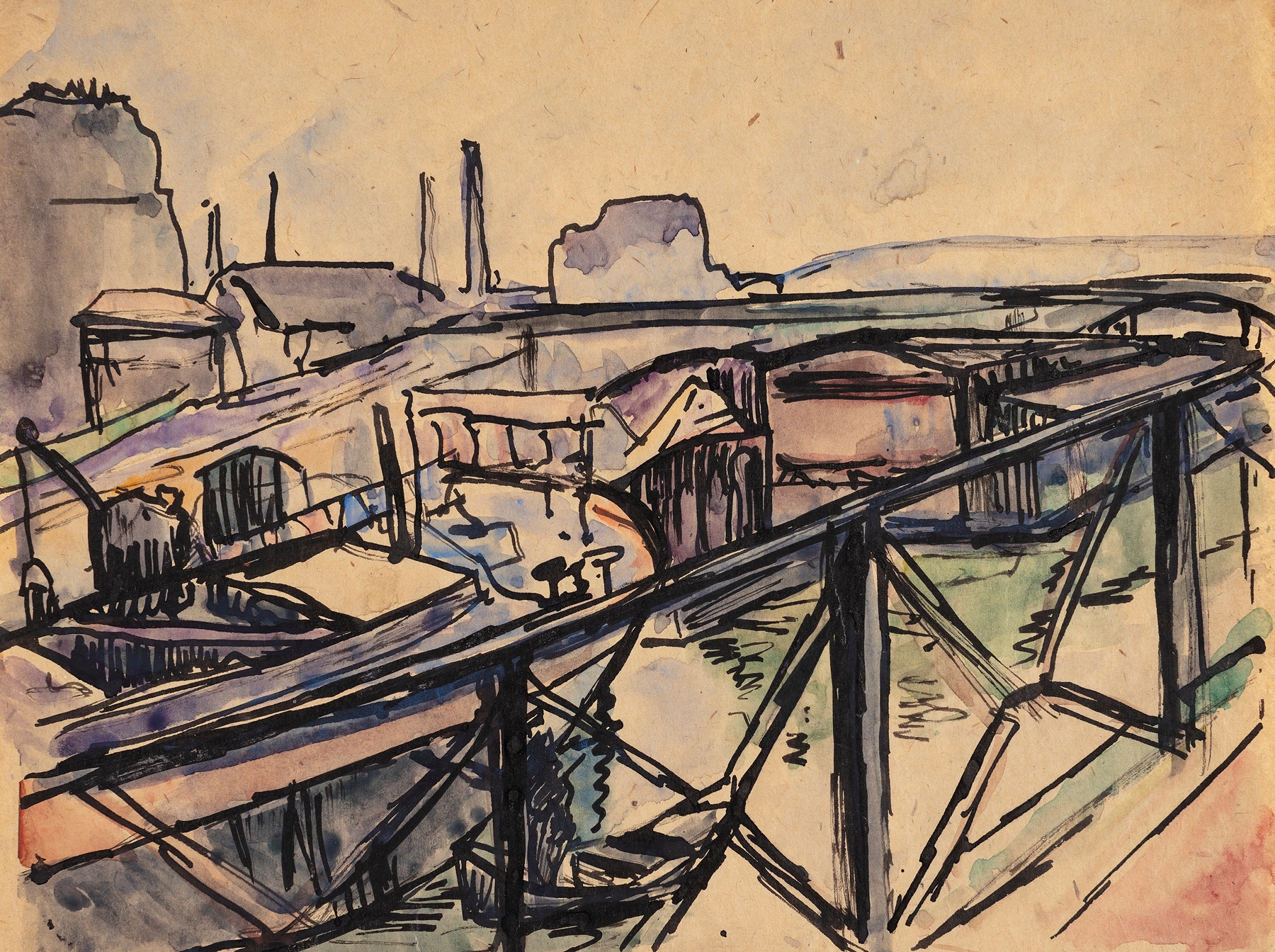 Marine scene depicting a port at dawn by Astrid Holm, Impressionism