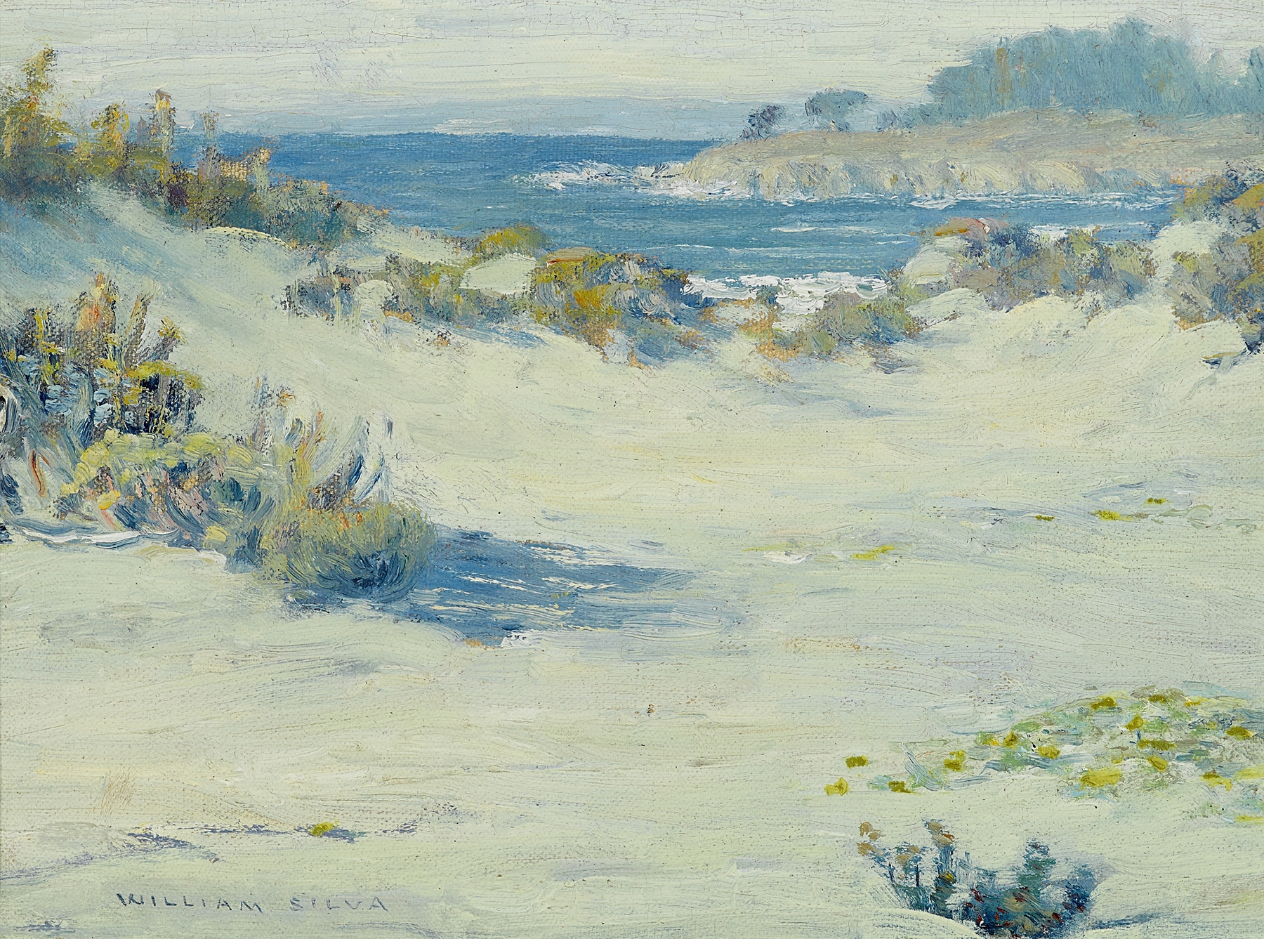 Opal Hues of Carmel by William Posey Silva, oil on canvas depicting a serene ocean and sky
