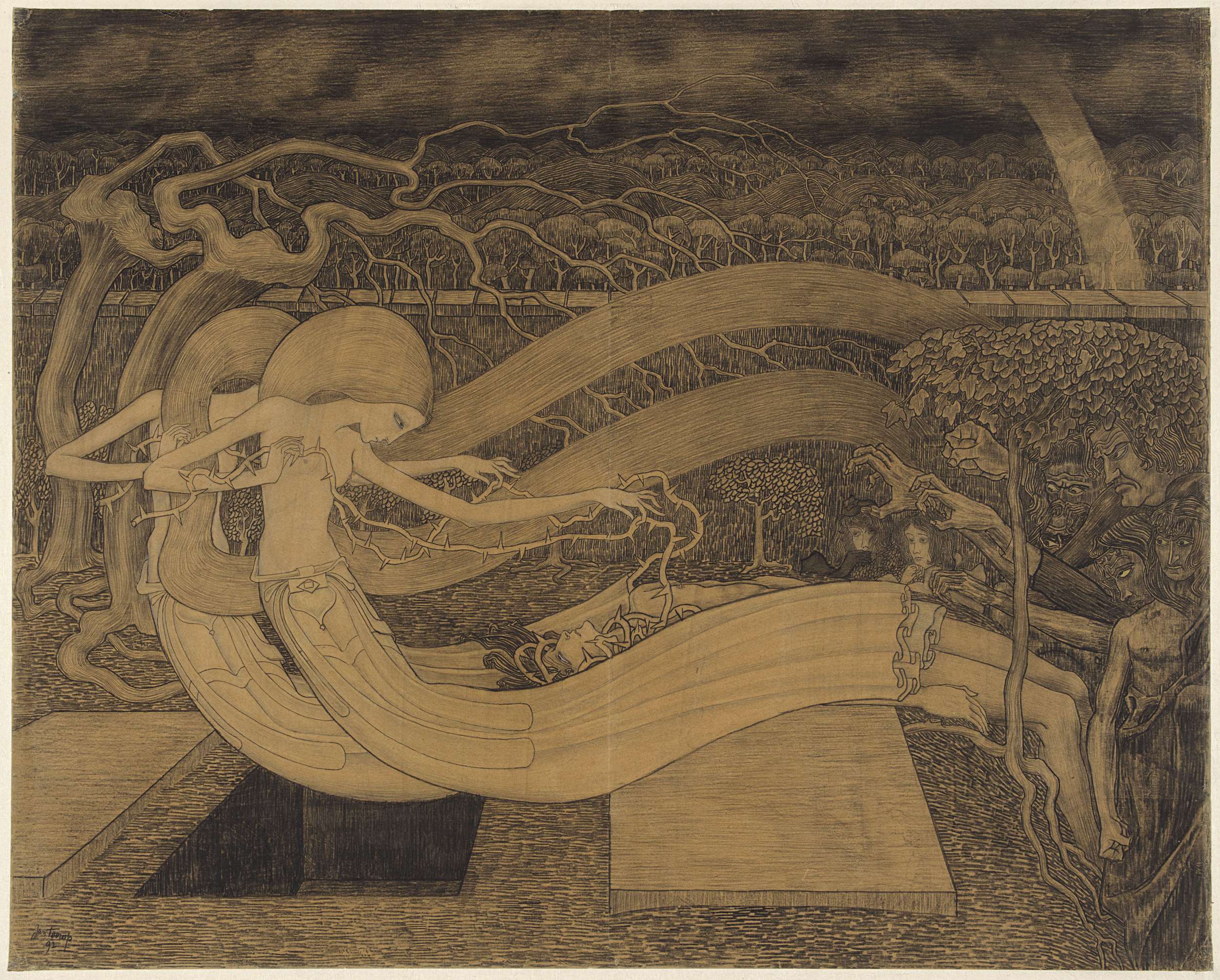 Drawing by Jan Toorop depicting a man entwined with thorns near an open grave, paper medium.