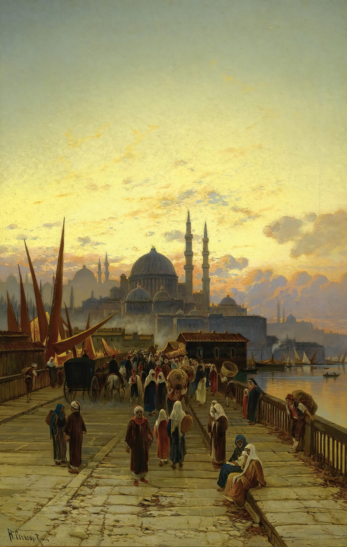 The Galata Bridge, oil on canvas by Hermann David Salomon Corrodi, featuring a bridge over water and a vibrant sky.