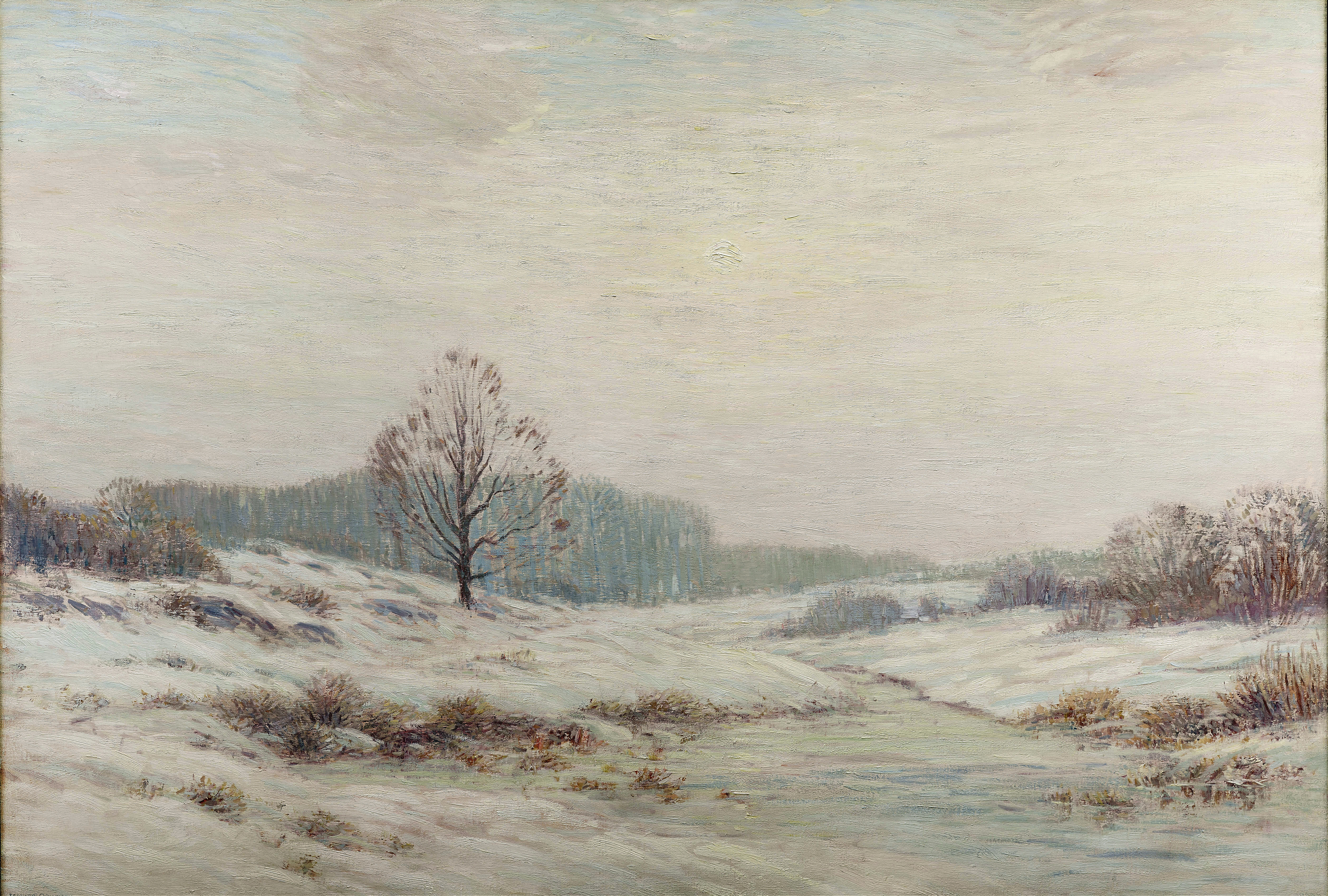 Winter Morning by Leonard Ochtman, oil on canvas depicting a snowy landscape with a dark tree.