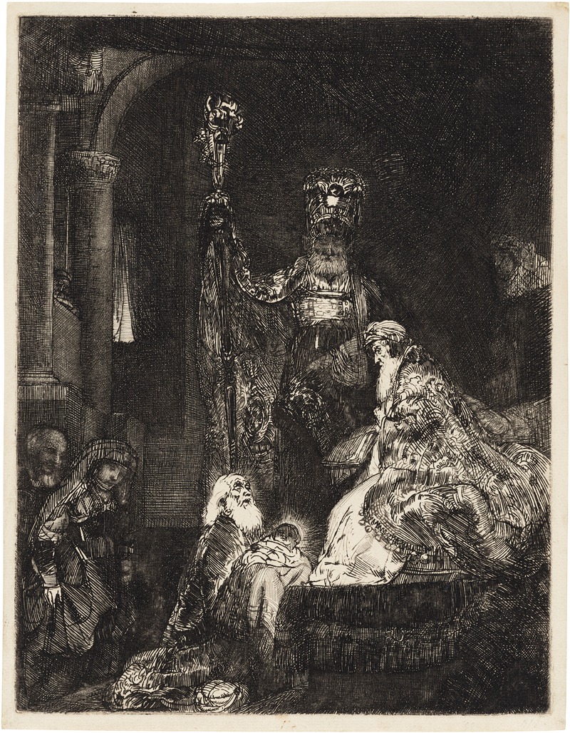 Rembrandt's 'The Presentation in the Temple' depicts a significant biblical event with dramatic lighting.